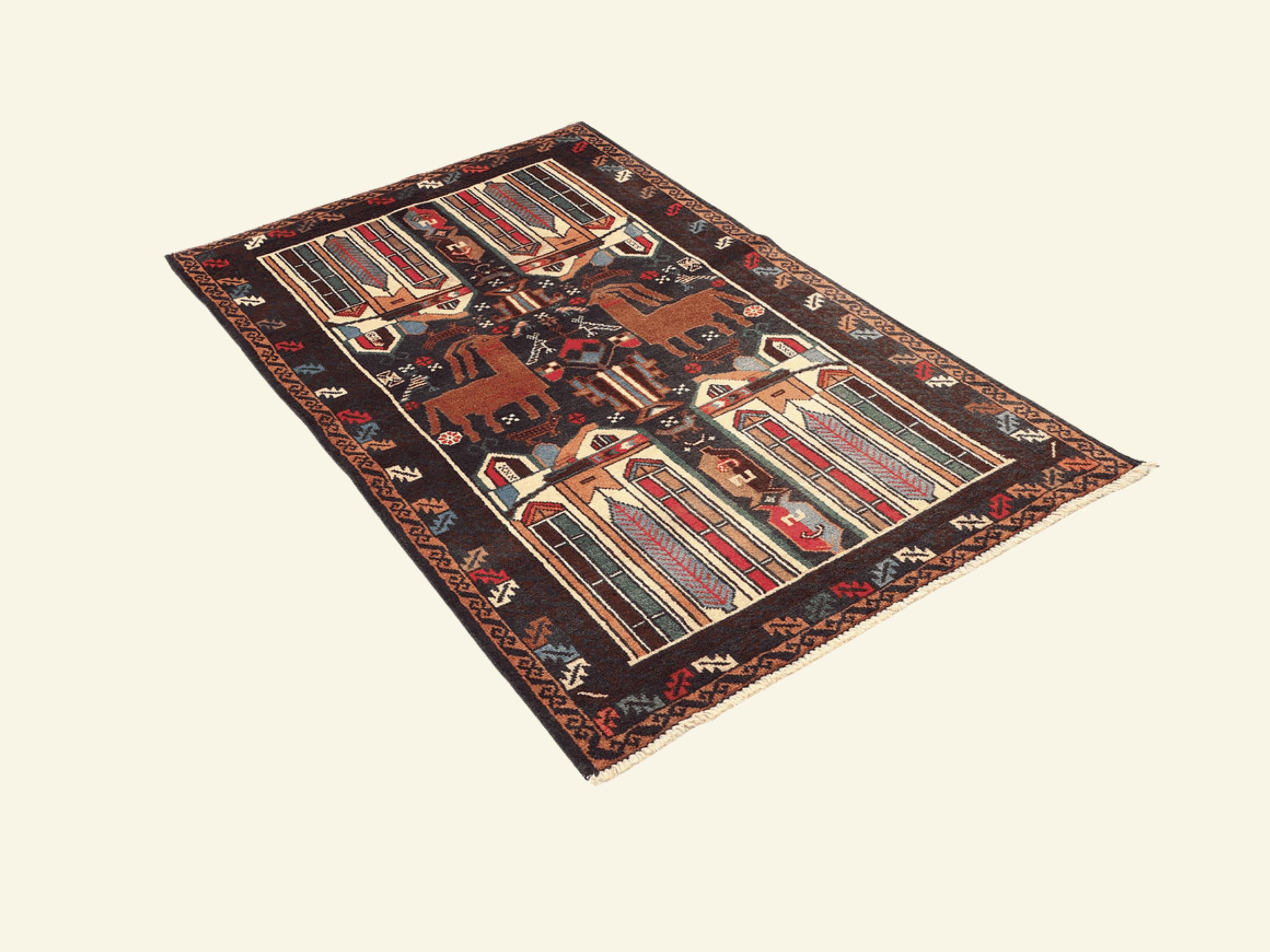 3x5 Animal Motif Tapestry Wall Hanging Rug, Afghan Style Handmade Wool Textile Wall Art, Tribal Folk Art Decor