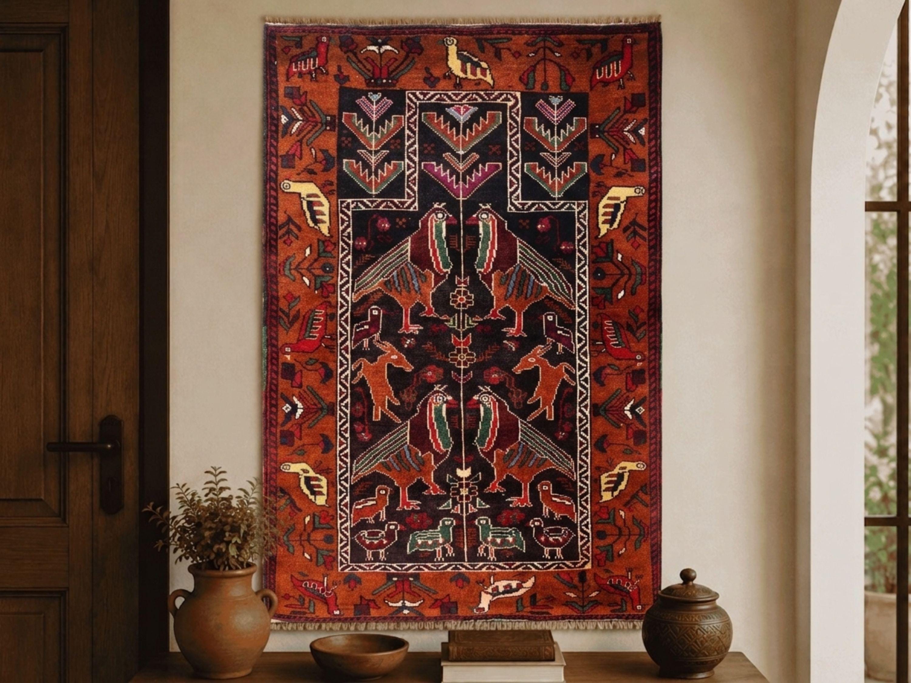 3x4 Bird Motif Tapestry Wall Hanging, Afghan Style Handmade Wool Woven Wall Art, Animal Nature Folk Decor