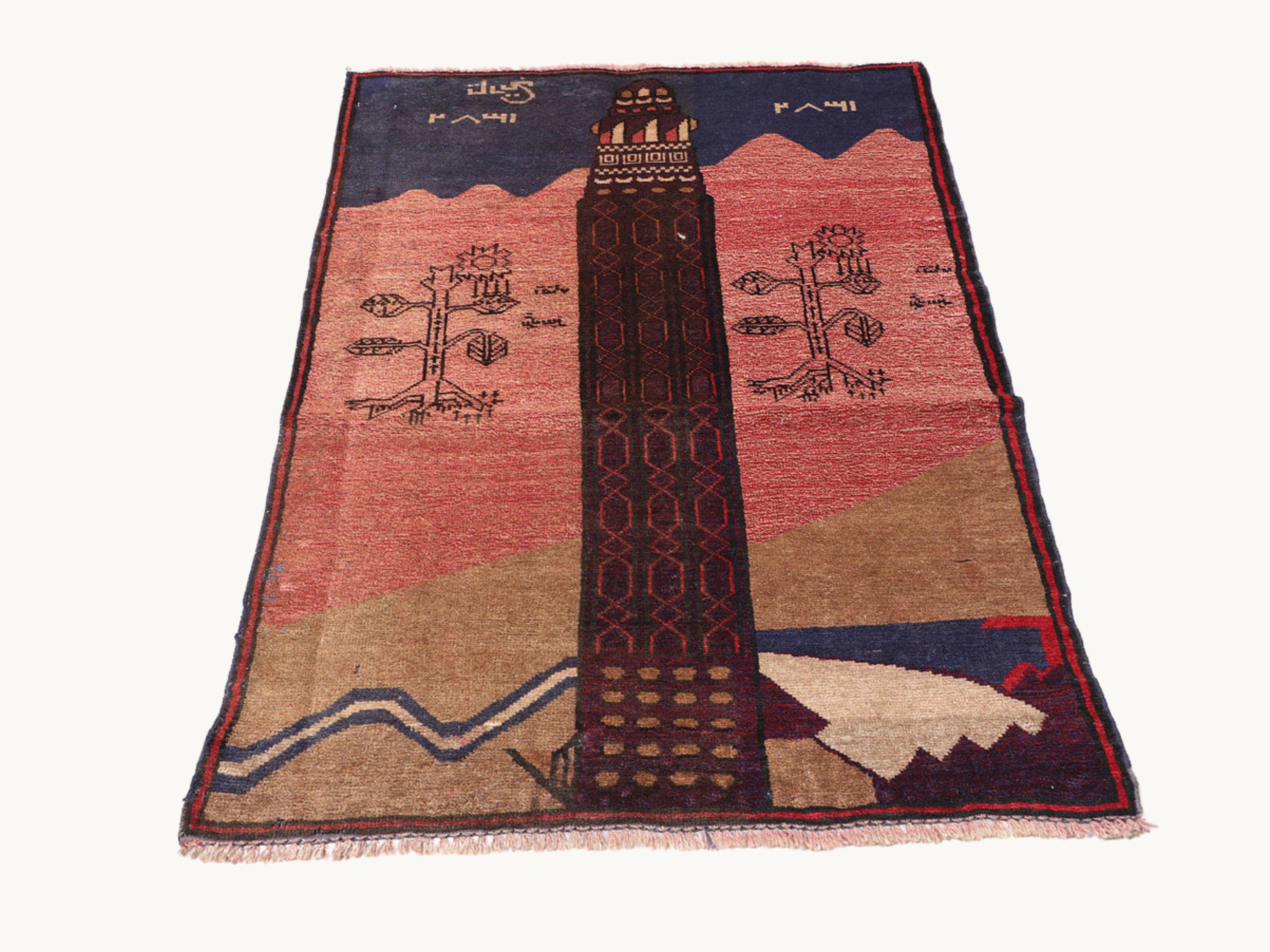 3x4 Landmark Tapestry Wall Hanging, Afghan Style Handmade Wool Woven Wall Art, Architectural Pictorial Folk Decor
