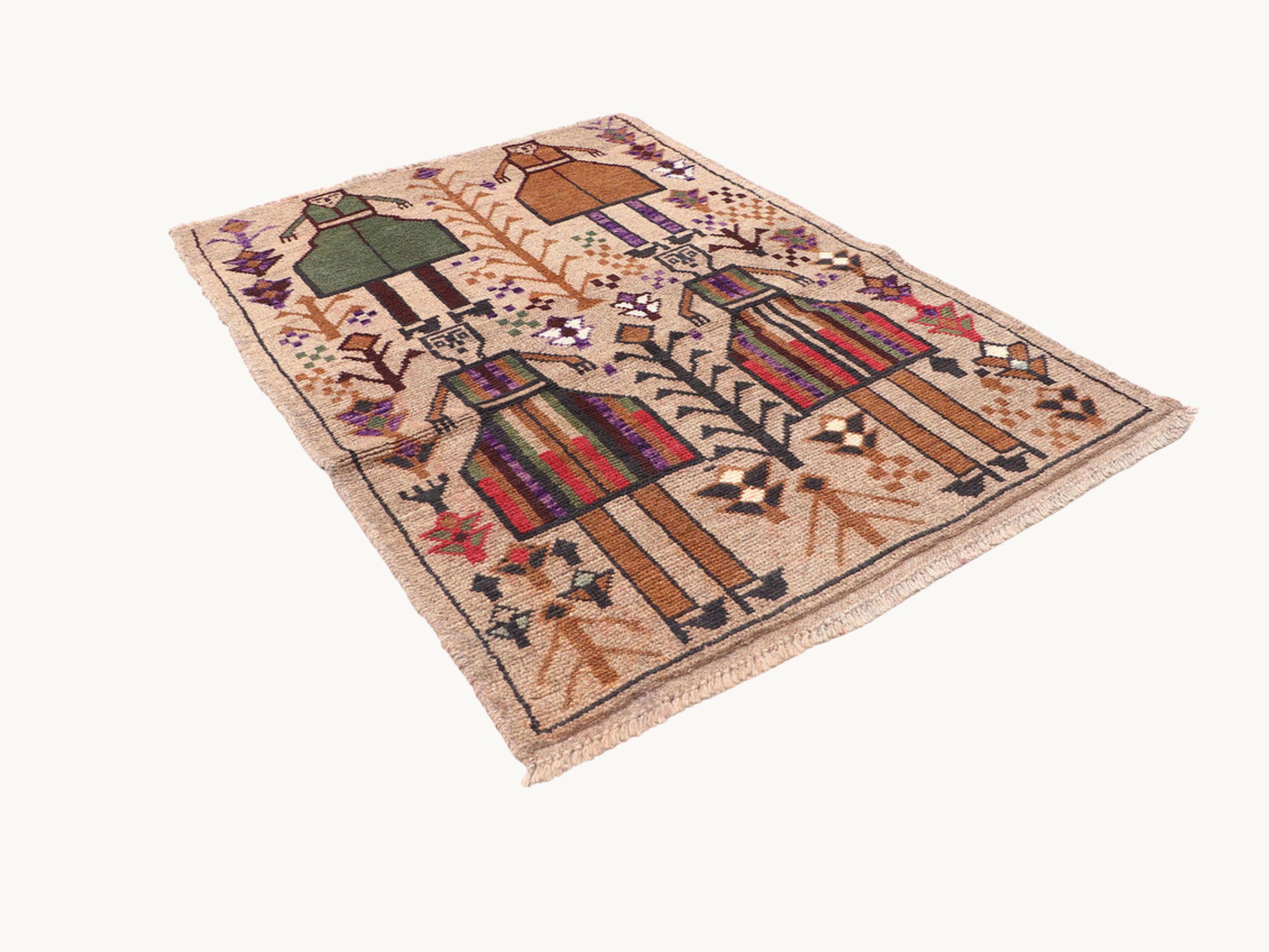 3x4 Artisan Figure Tapestry Wall Hanging Rug, Afghan Style Handmade Wool Textile Wall Art, Tribal Folk Art Decor