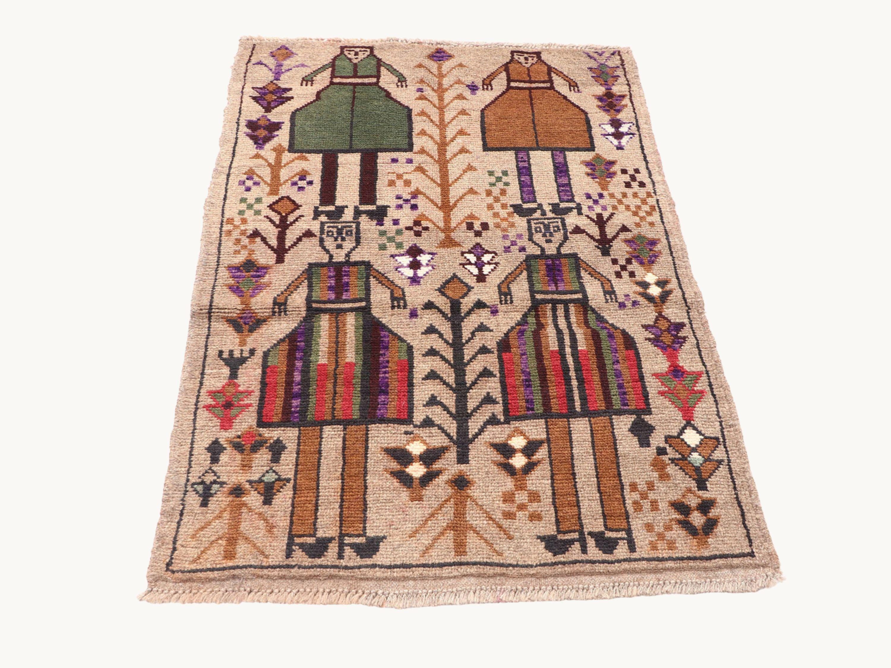 3x4 Artisan Figure Tapestry Wall Hanging Rug, Afghan Style Handmade Wool Textile Wall Art, Tribal Folk Art Decor
