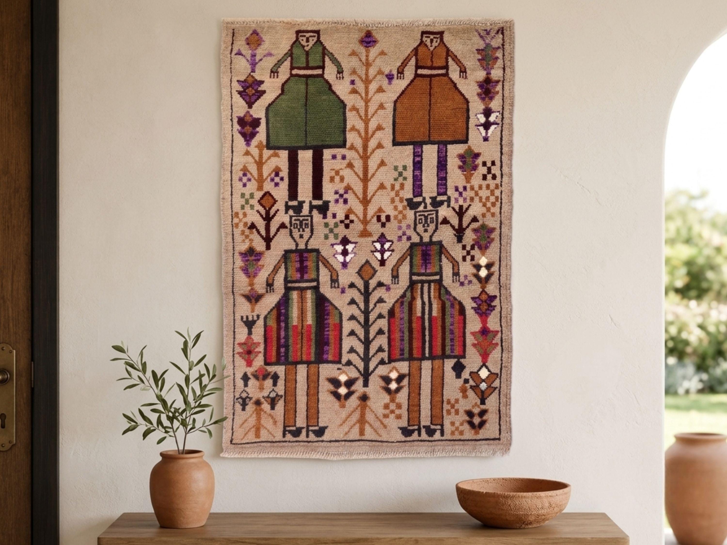 3x4 Artisan Figure Tapestry Wall Hanging Rug, Afghan Style Handmade Wool Textile Wall Art, Tribal Folk Art Decor