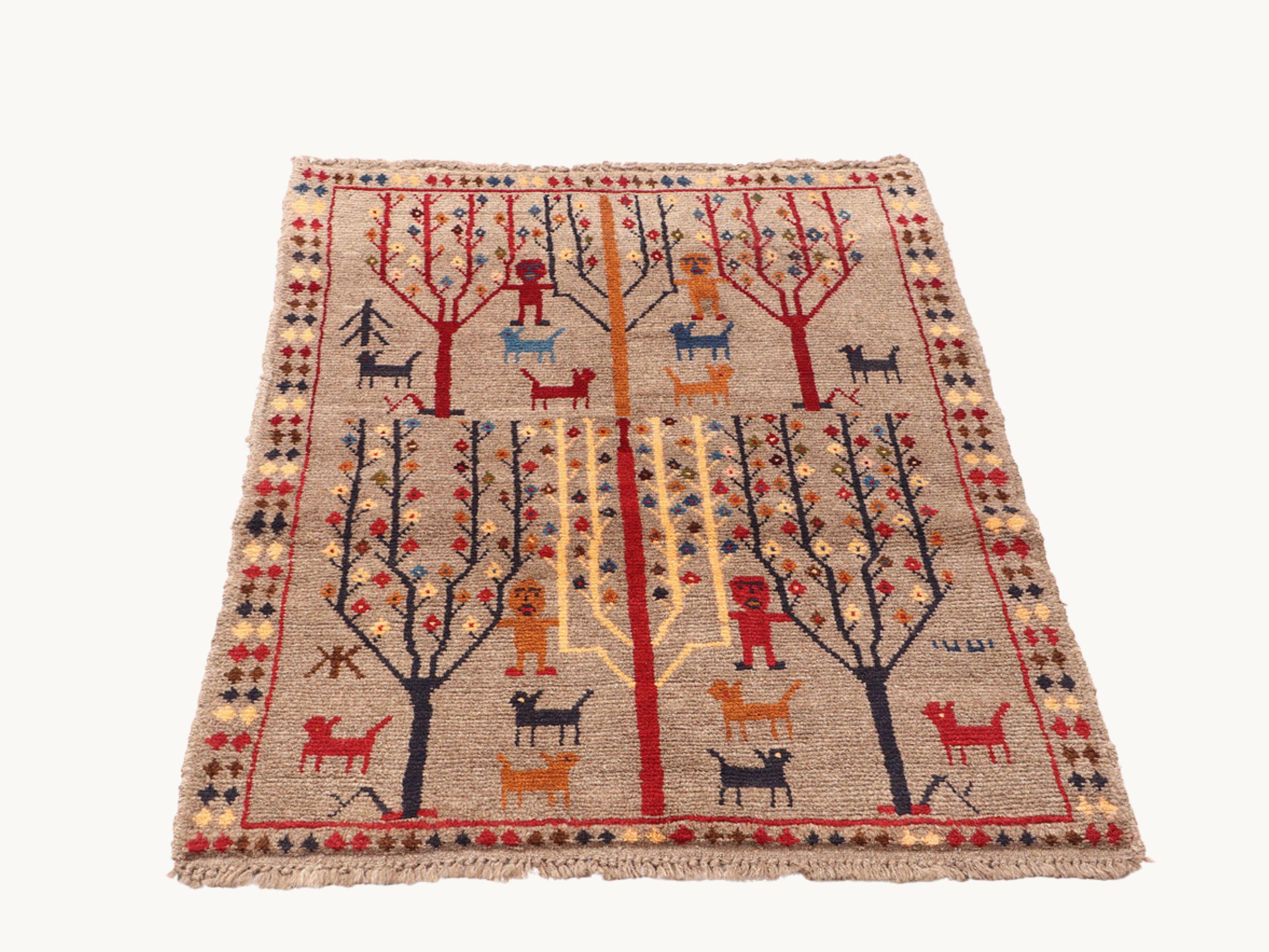 2.6x4 Tree of Life Tapestry Wall Hanging Rug, Afghan Style Handmade Wool Textile Wall Art, Tribal Folk Art Decor