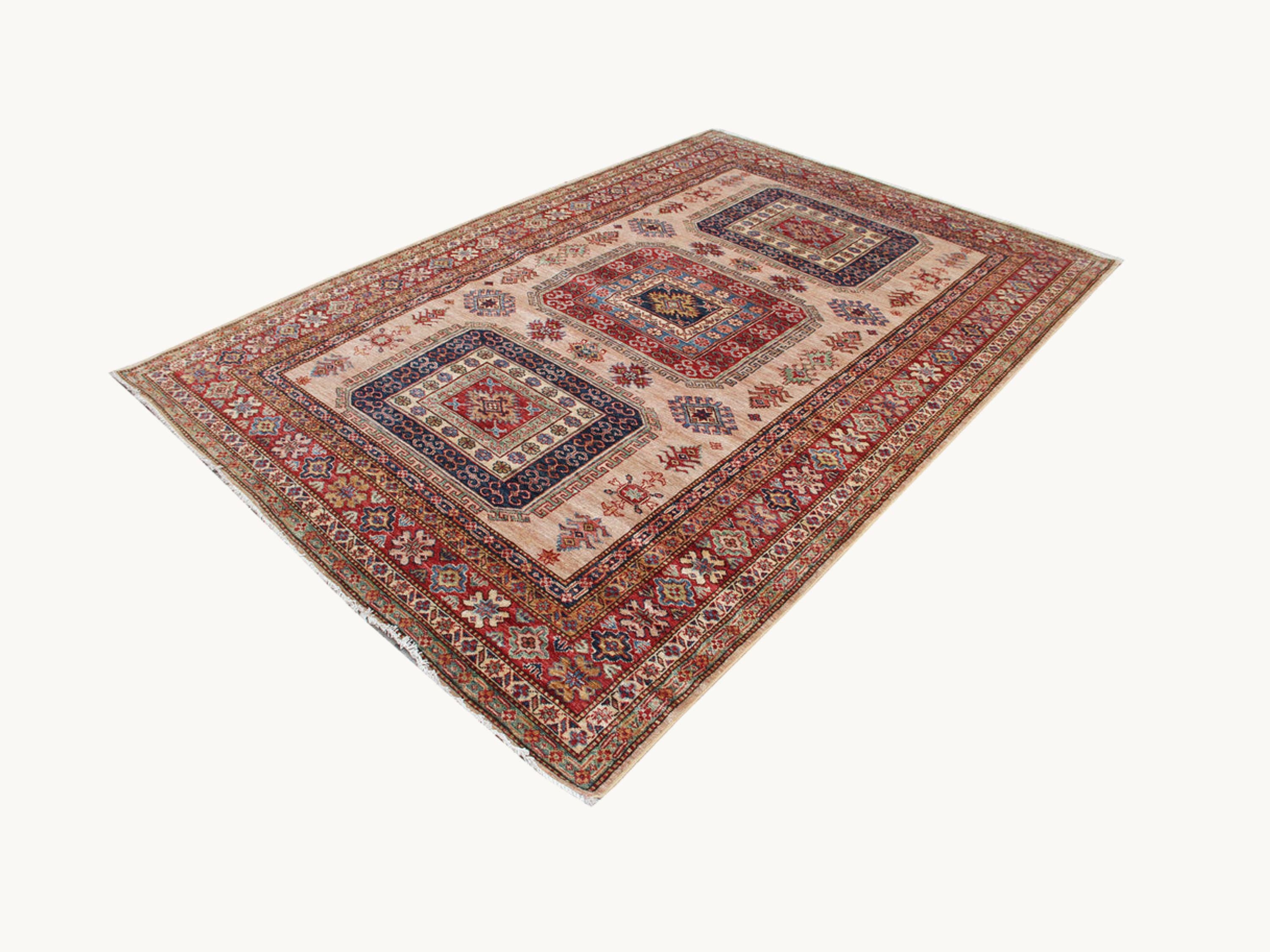 6x9 Kazak Rug, Ivory Hand Knotted Wool Area Rug, Caucasian Tribal Geometric Carpet, Living Room Bedroom Decor