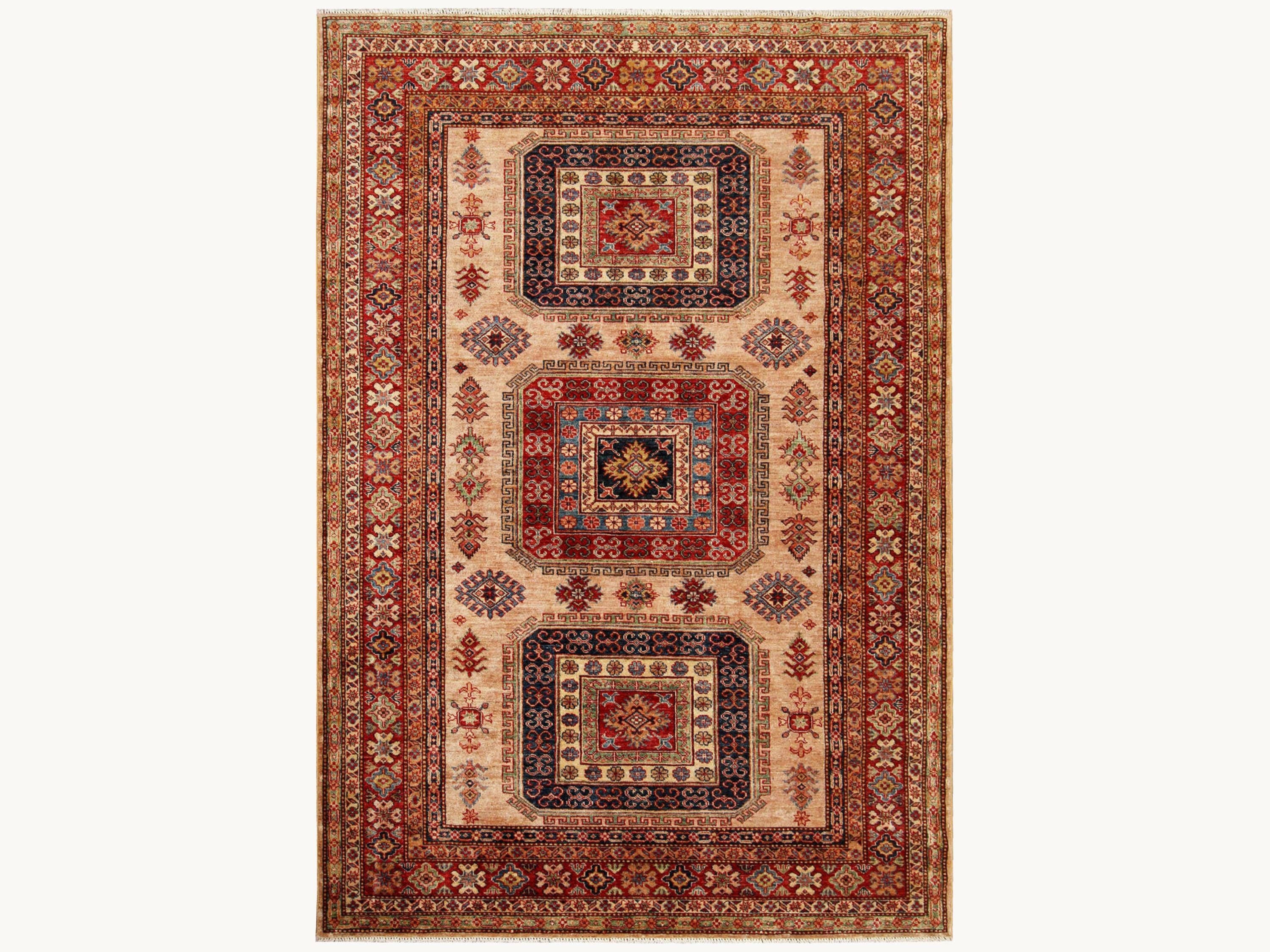 6x9 Kazak Rug, Ivory Hand Knotted Wool Area Rug, Caucasian Tribal Geometric Carpet, Living Room Bedroom Decor