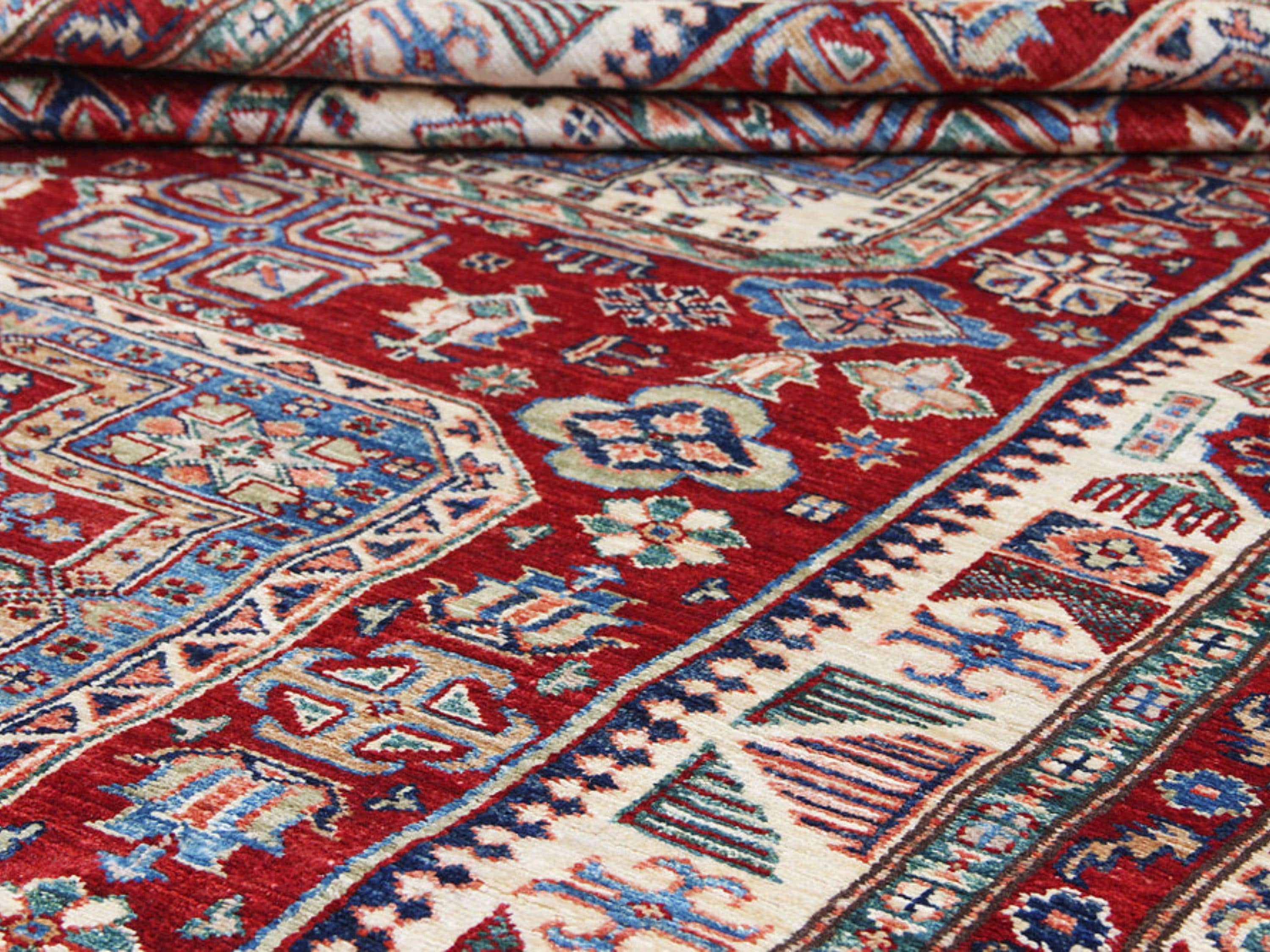 6x9 Kazak Rug, Handmade Red Wool Area Rug, Caucasian Tribal Geometric Carpet, Living Room Bedroom Decor