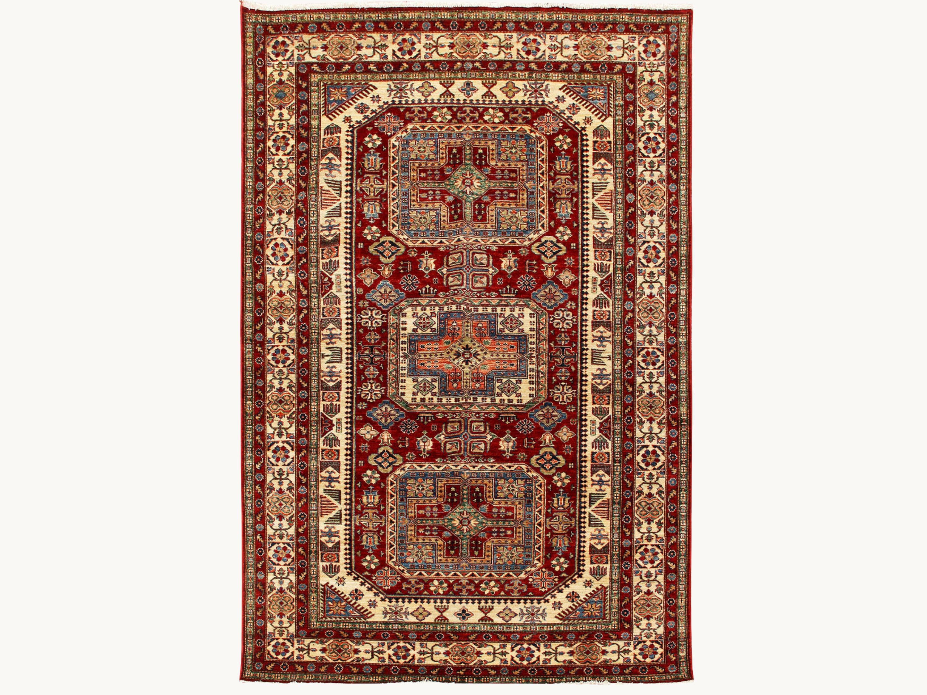 6x9 Kazak Rug, Handmade Red Wool Area Rug, Caucasian Tribal Geometric Carpet, Living Room Bedroom Decor