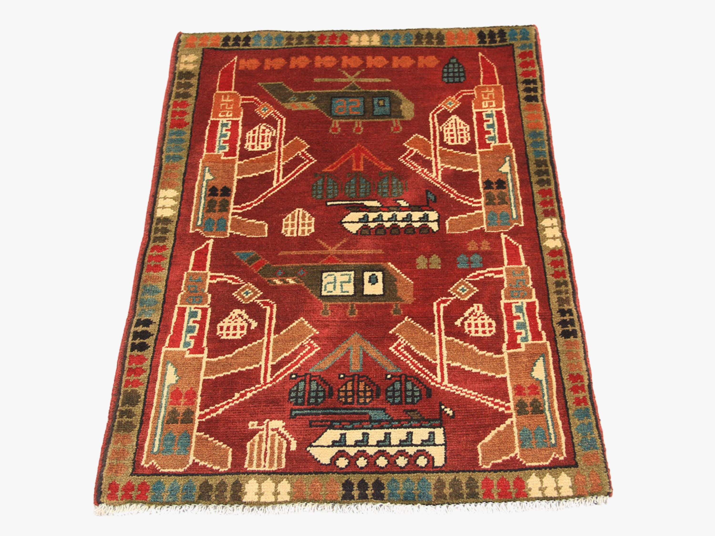 2x3 Red Afghan War Rug, Hand Knotted Wool Tribal Wall Hanging