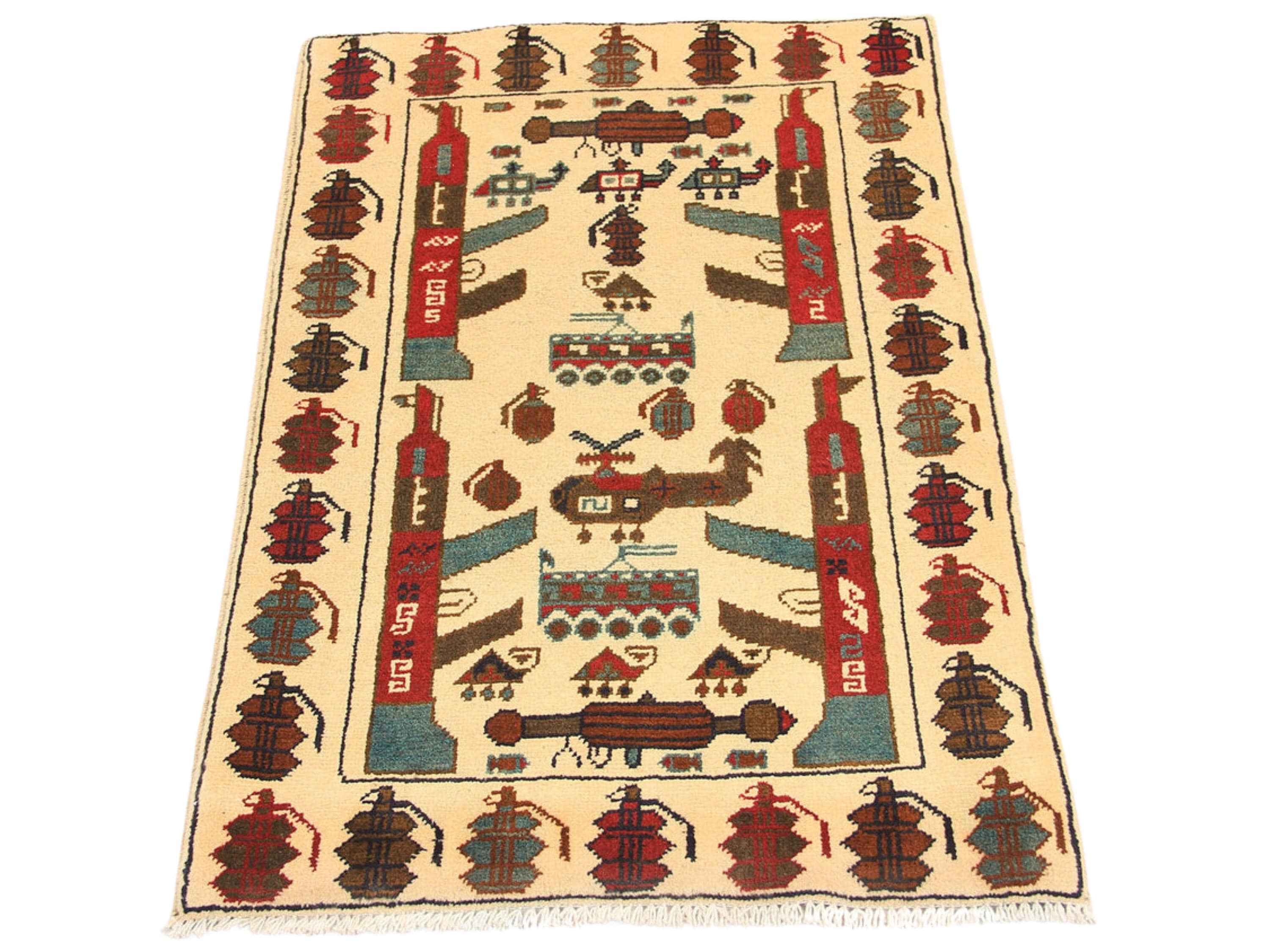 2x3 Handcrafted Ivory War Rug, Wool Afghan Tribal Wall Art