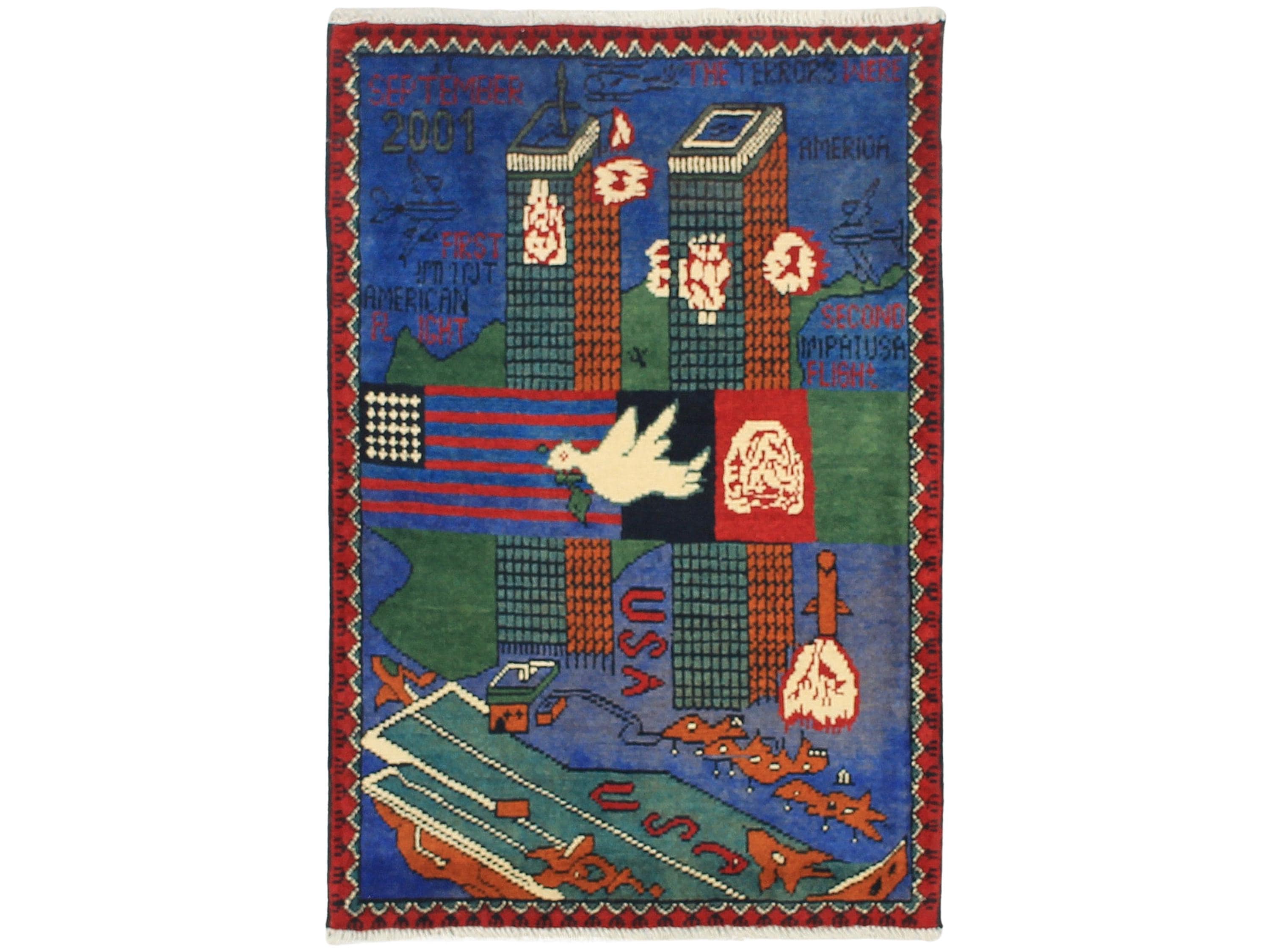 2x3 Collectible Afghan War Rug, Handwoven Wool Memorial Wall Art
