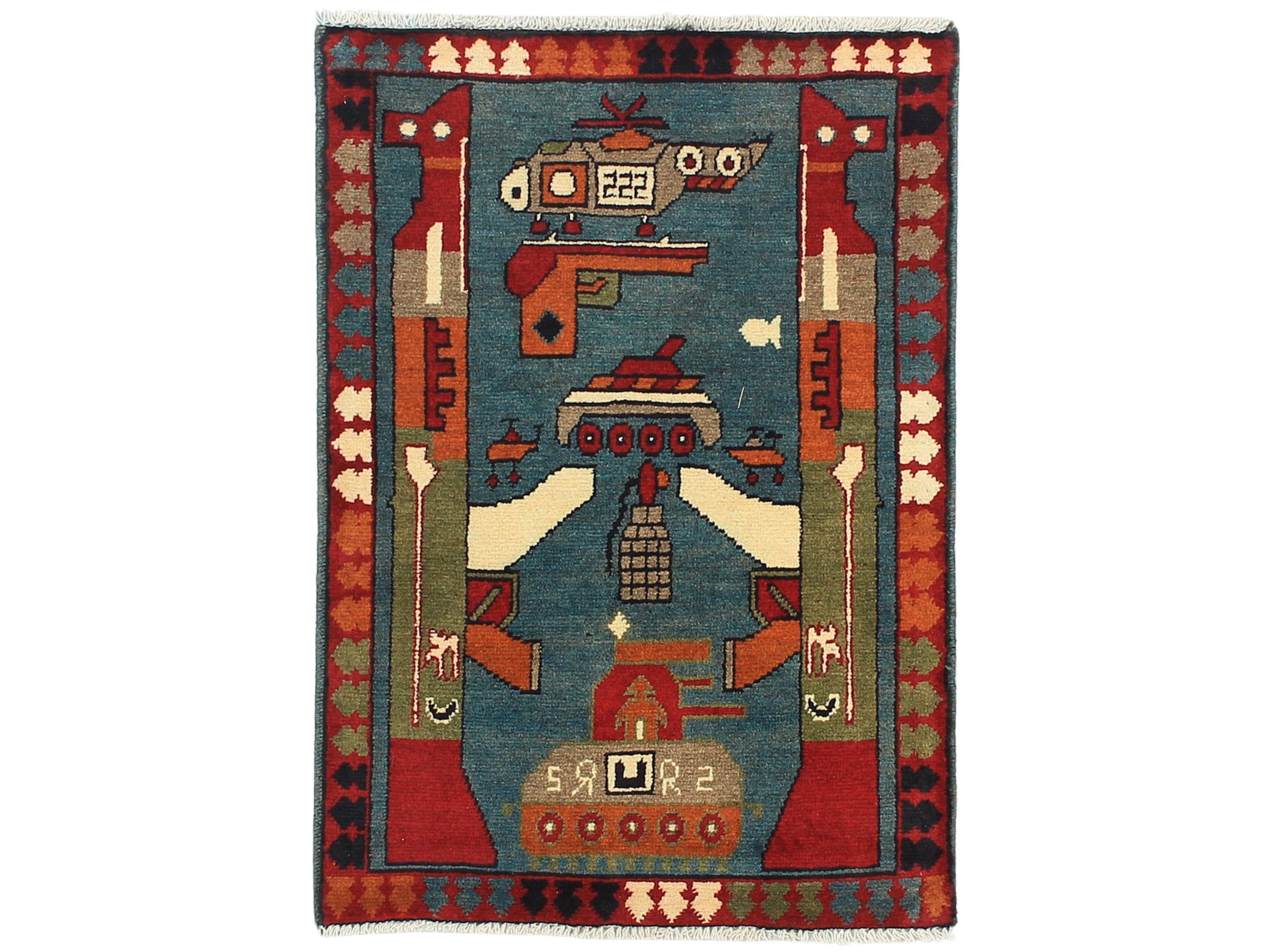 2x3 Blue Afghan War Rug, Wool Tribal Military Wall Hanging