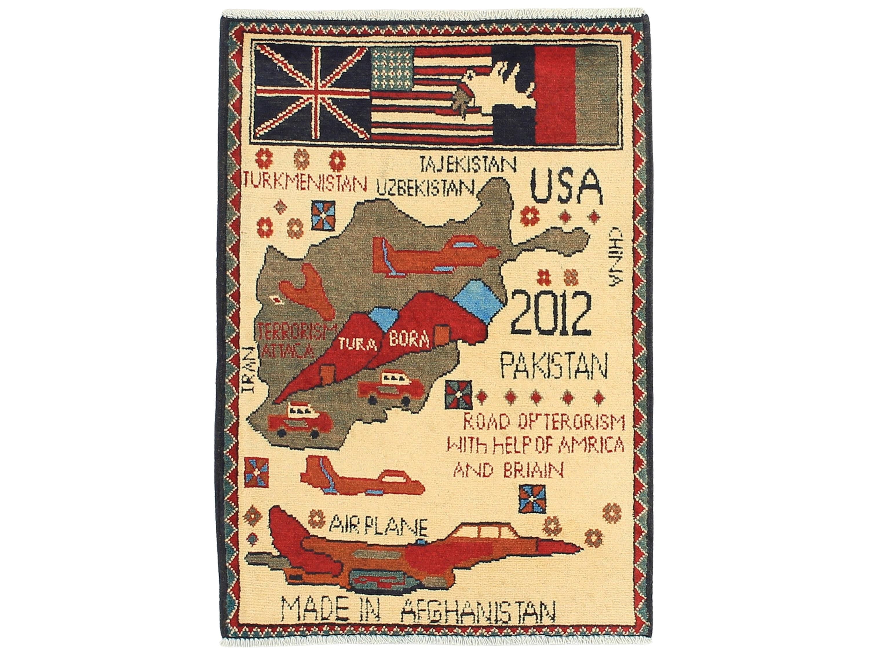 2x3 Handcrafted Political Map Rug, Afghan War Wool Wall Art