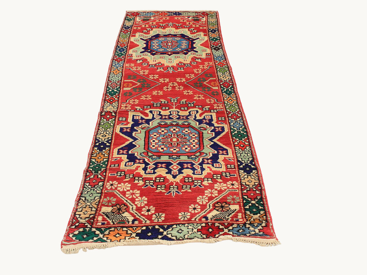 2.6x9 Tribal Runner Rug, Vintage Hand Knotted Wool Geometric Hallway Runner, Red Oriental Corridor Carpet