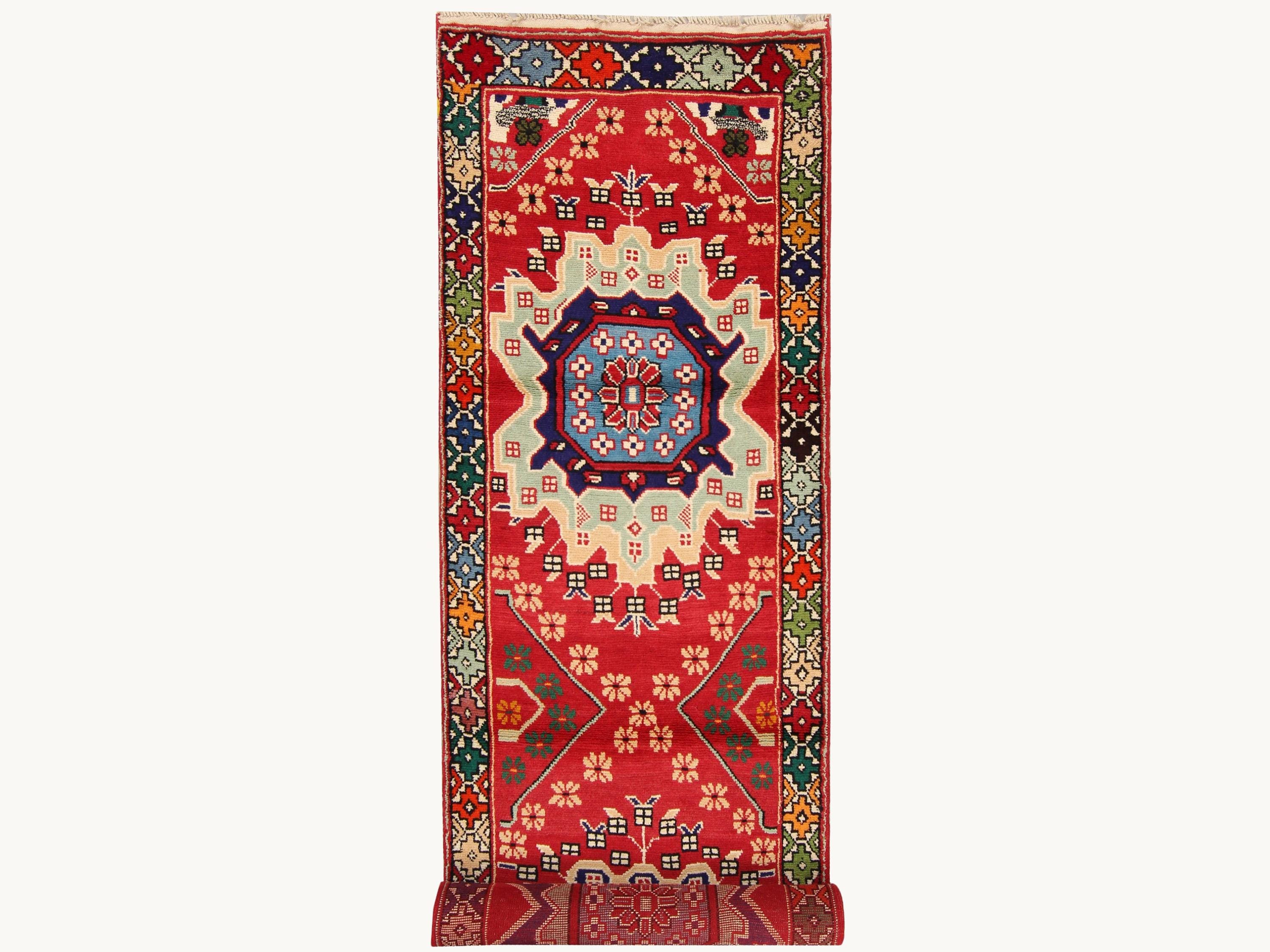 2.6x9 Tribal Runner Rug, Vintage Hand Knotted Wool Geometric Hallway Runner, Red Oriental Corridor Carpet