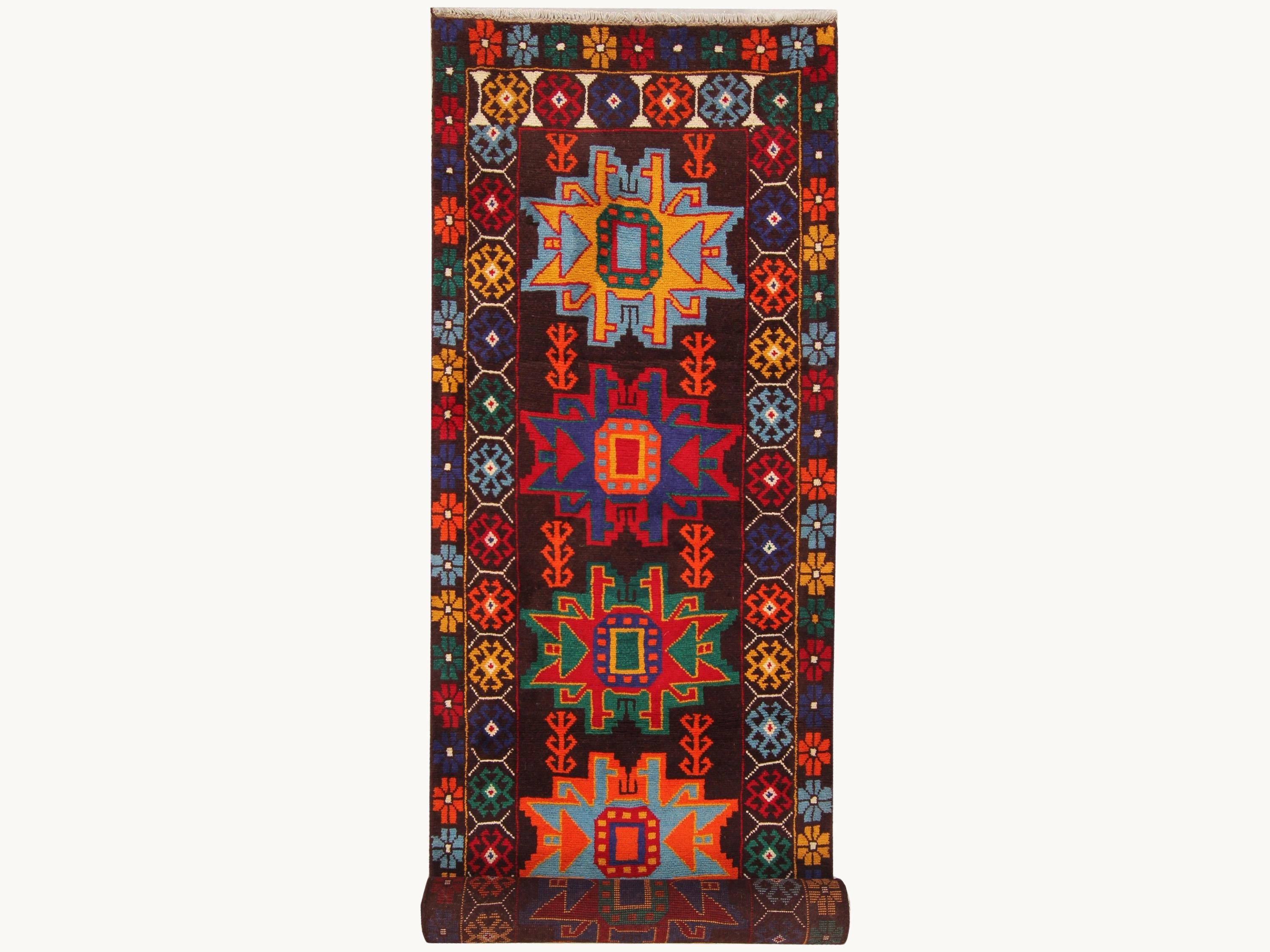 3x10 Tribal Geometric Runner Rug, Hand Knotted Wool Long Hallway Runner, Colorful Oriental Corridor Carpet