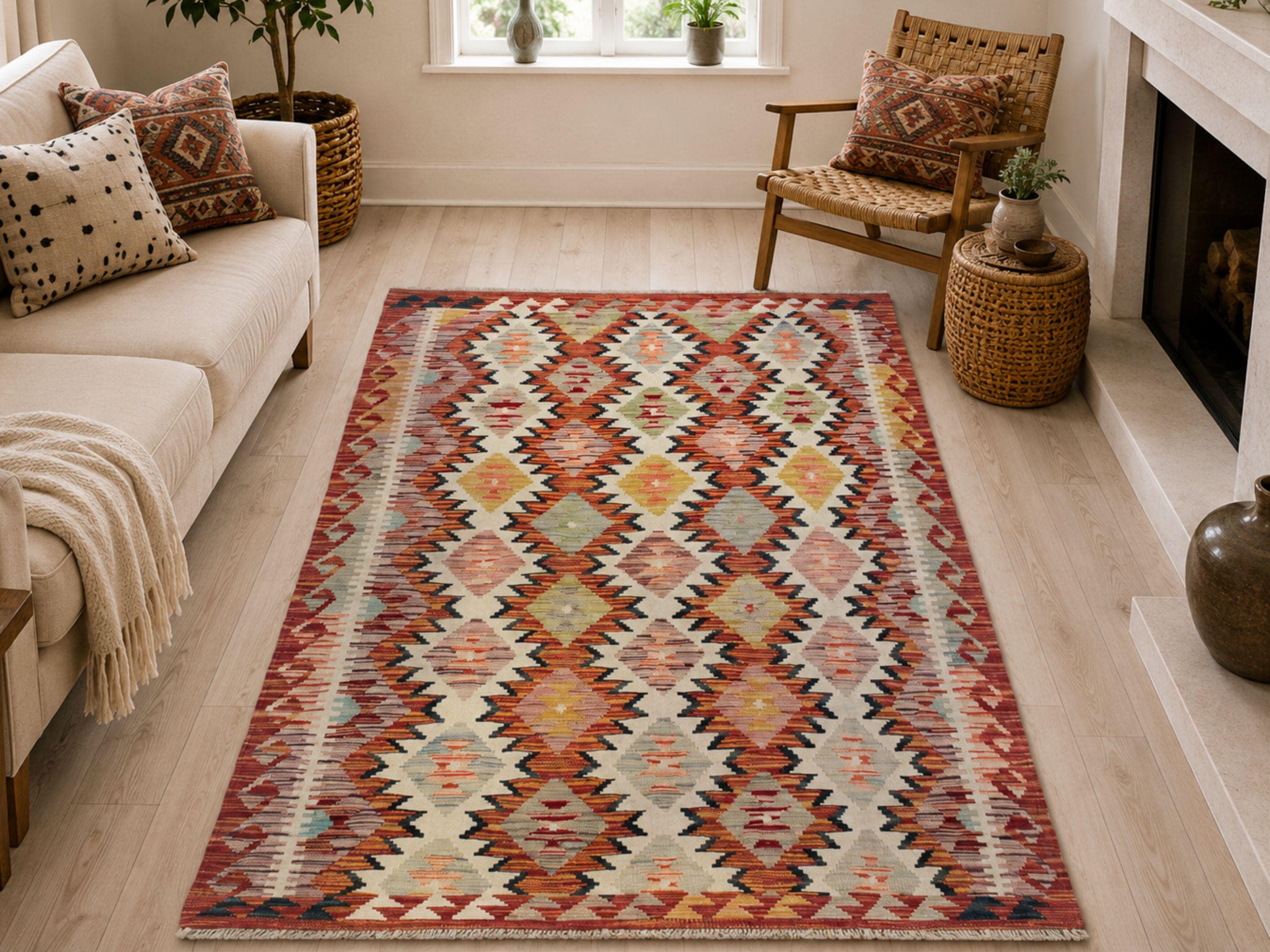 4x6 Diamond Pattern Wool Rug, Handmade Hand Knotted Tribal Area Rug, Geometric Boho Carpet