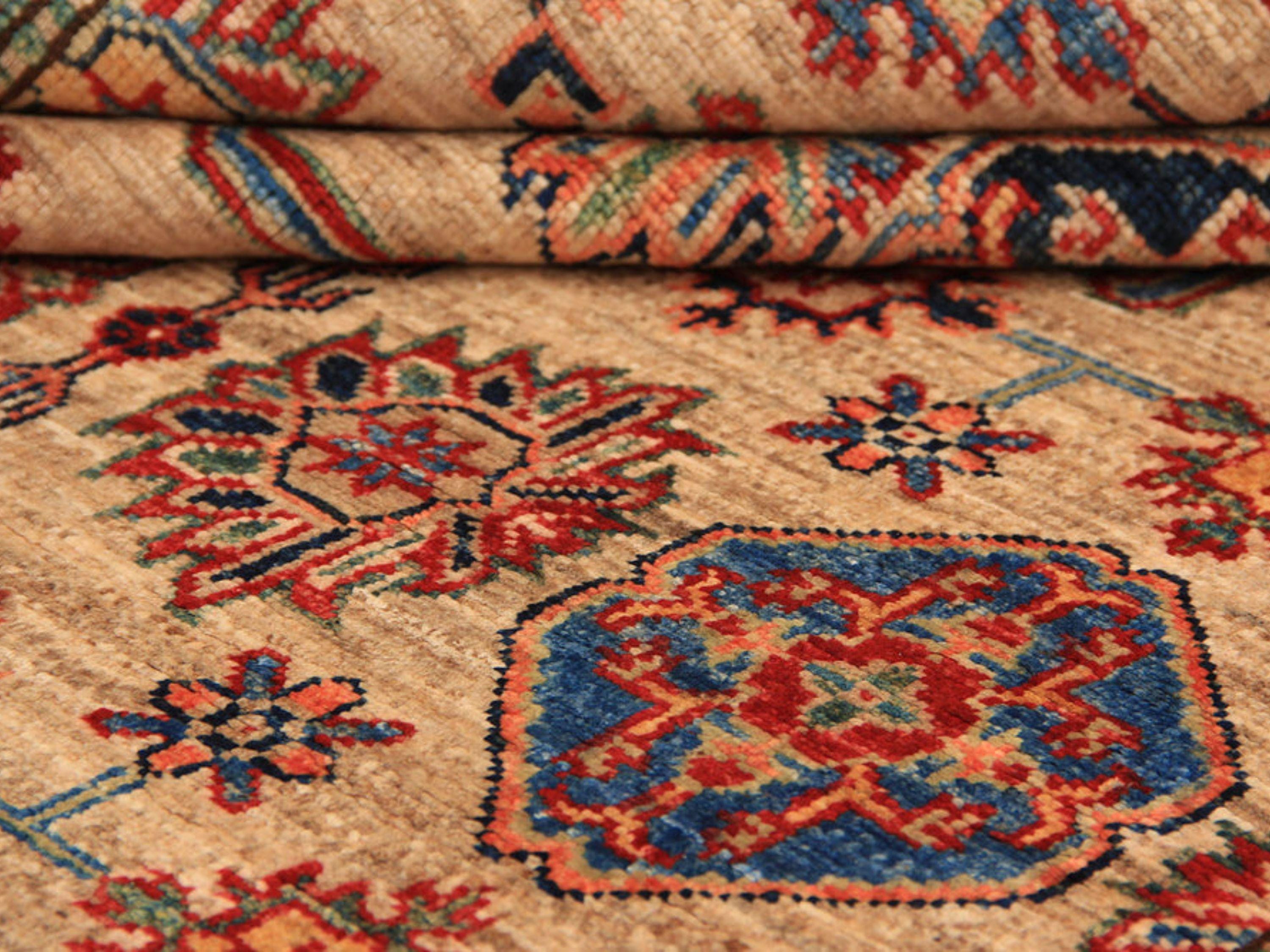 4x6 Geometric Tribal Kazak Rug, Caucasian Hand Knotted Wool Area Rug, Ivory Bedroom Decor