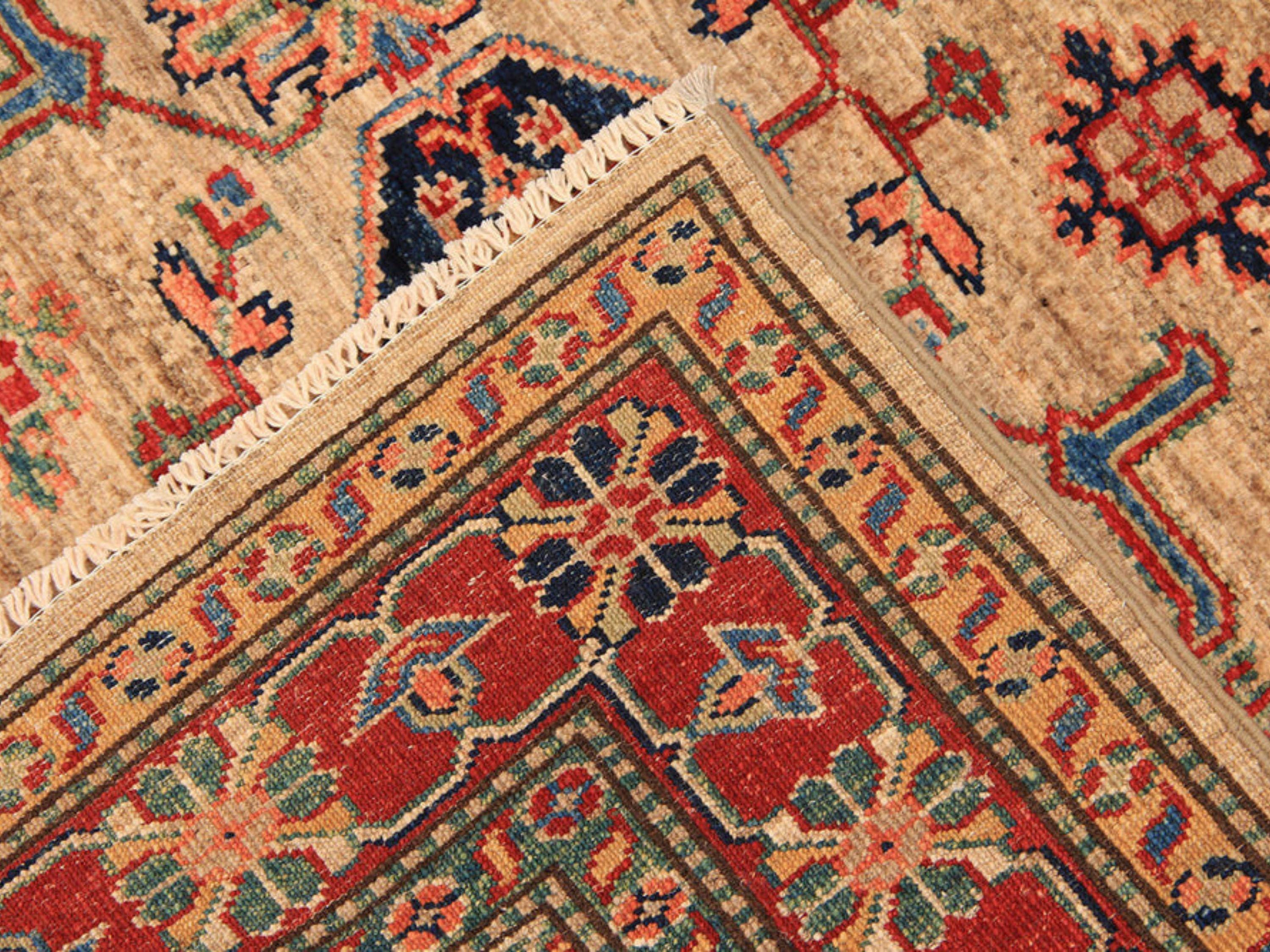 4x6 Geometric Tribal Kazak Rug, Caucasian Hand Knotted Wool Area Rug, Ivory Bedroom Decor