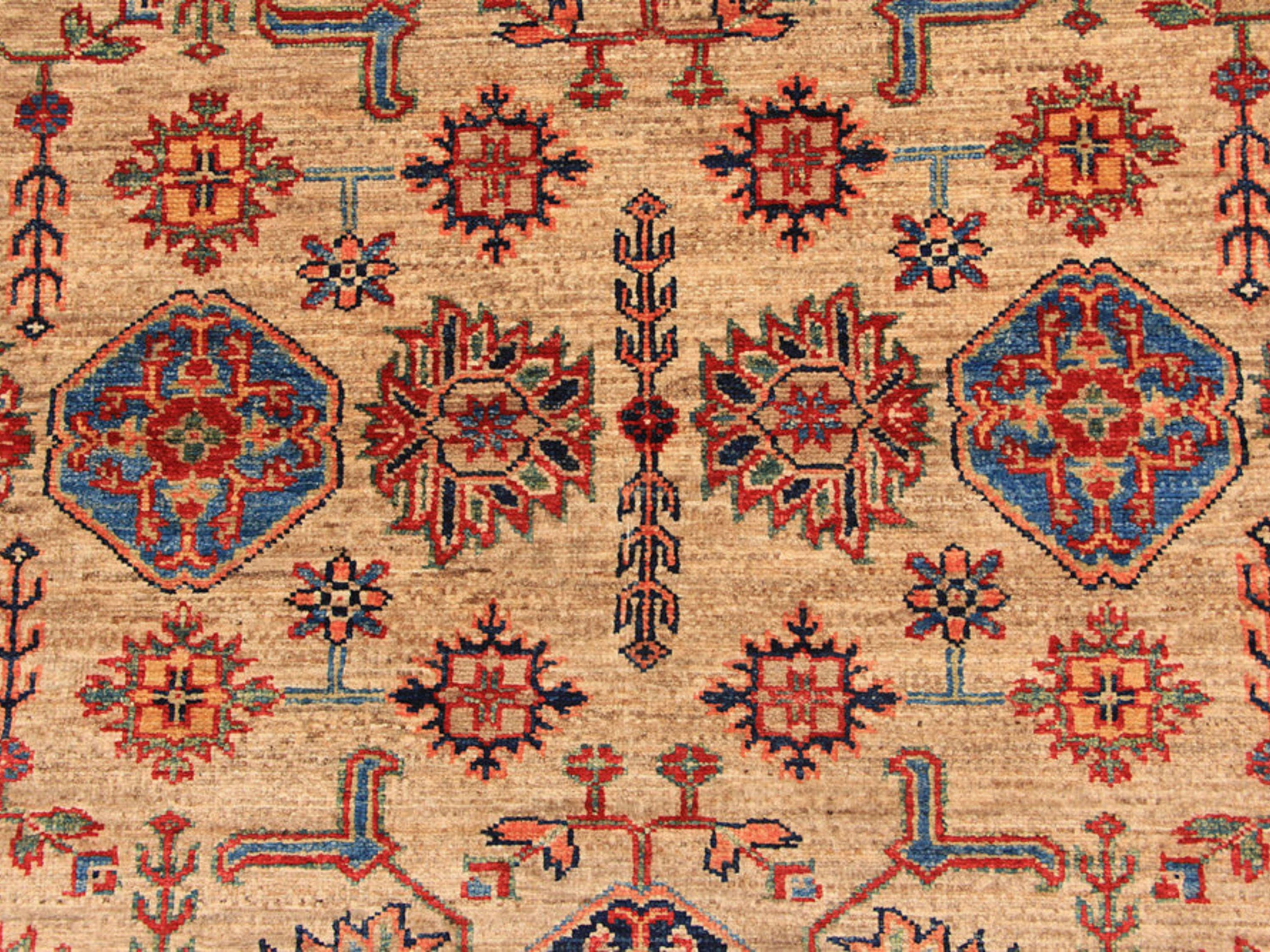 4x6 Geometric Tribal Kazak Rug, Caucasian Hand Knotted Wool Area Rug, Ivory Bedroom Decor