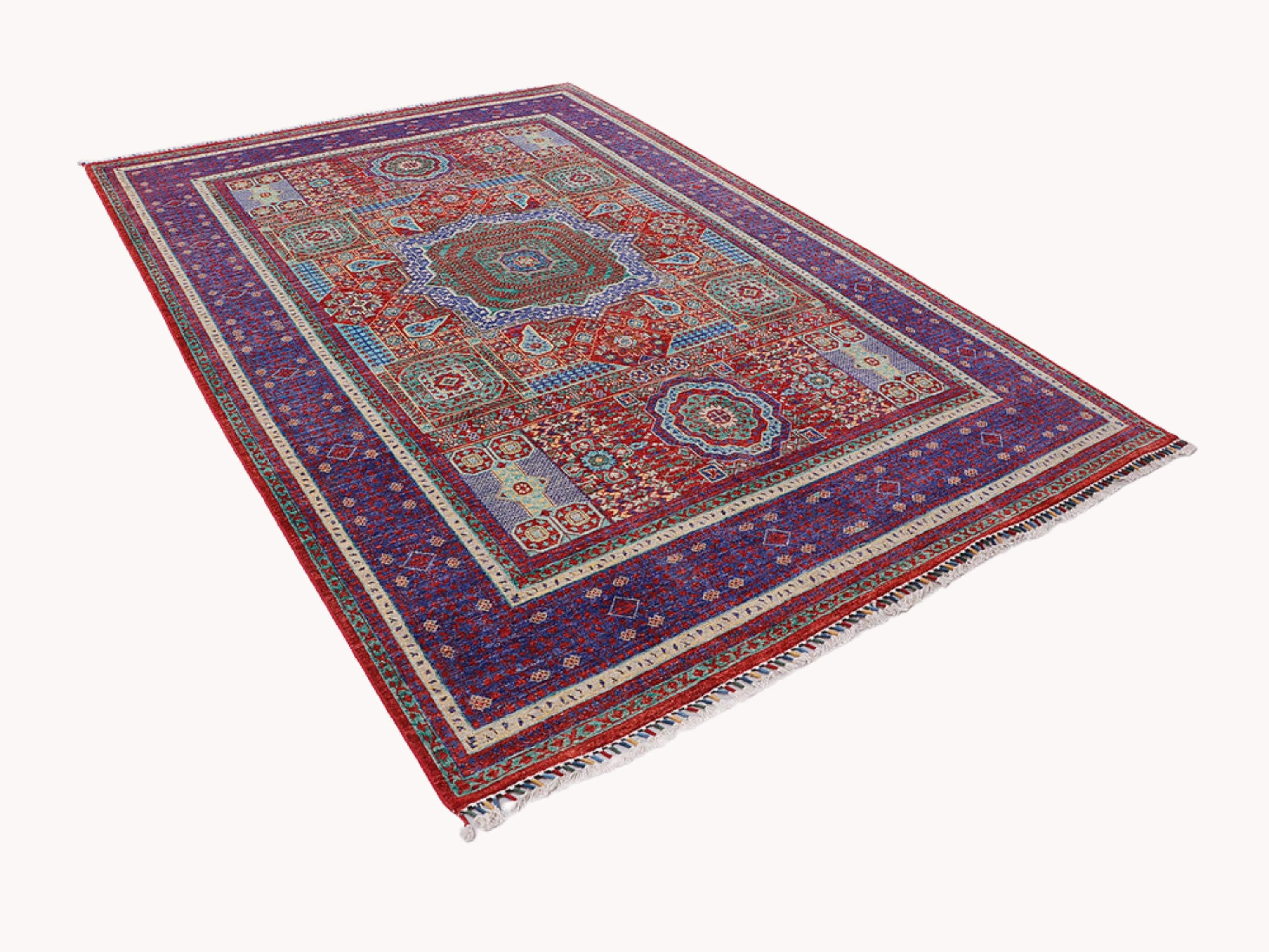 6.6x10 Persian Style Mamluk Rug, Red Hand Knotted Wool Area Rug, Geometric Medallion Carpet, Living Room Dining Room Decor
