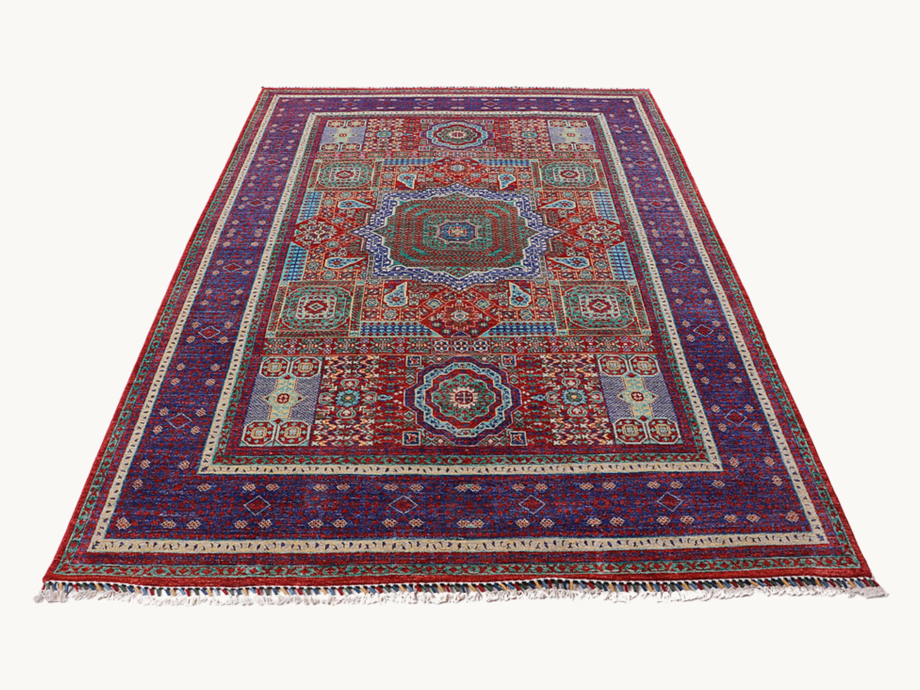 6.6x10 Persian Style Mamluk Rug, Red Hand Knotted Wool Area Rug, Geometric Medallion Living Room Dining Decor