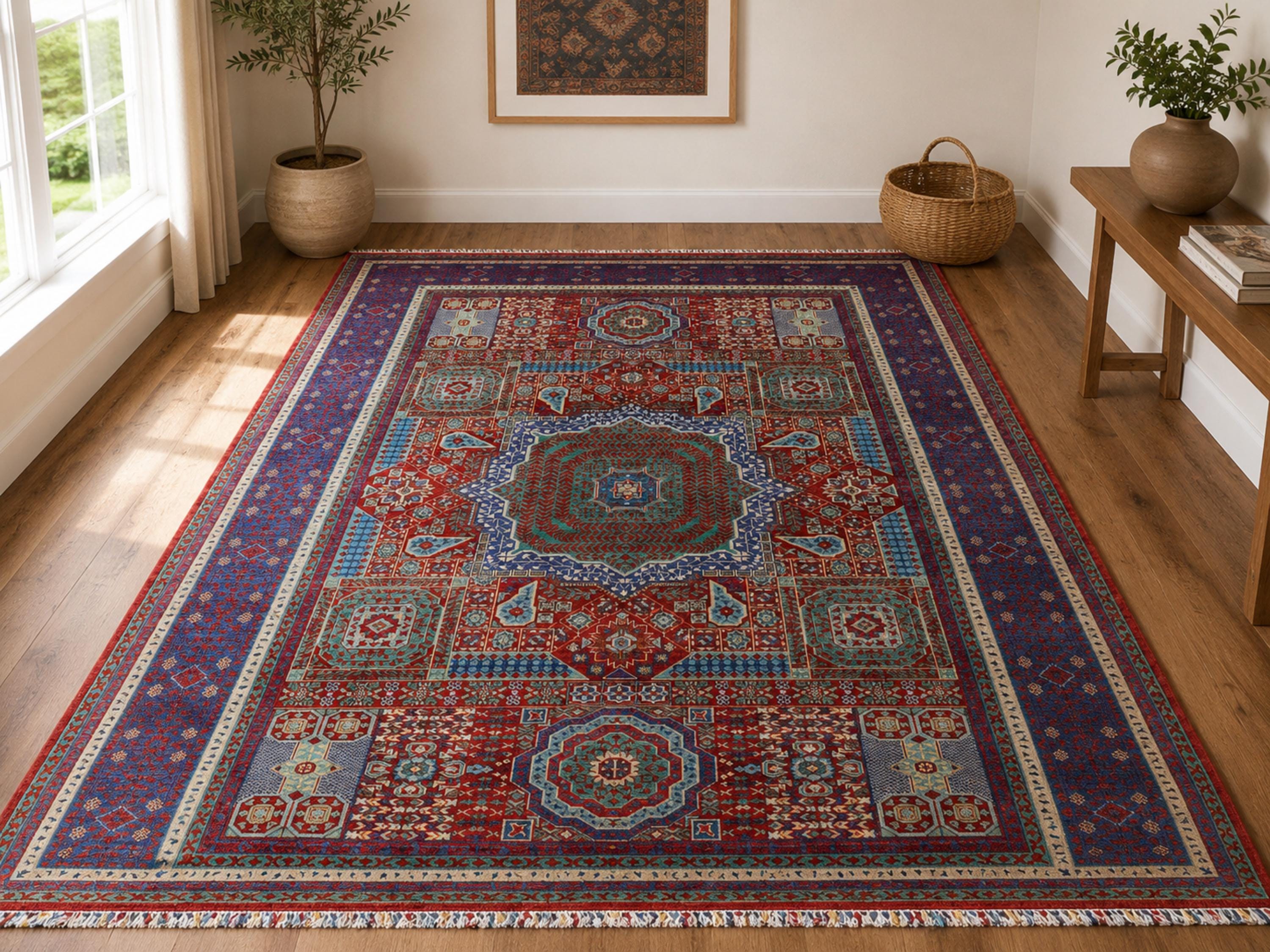 6.6x10 Persian Style Mamluk Rug, Red Hand Knotted Wool Area Rug, Geometric Medallion Living Room Dining Decor