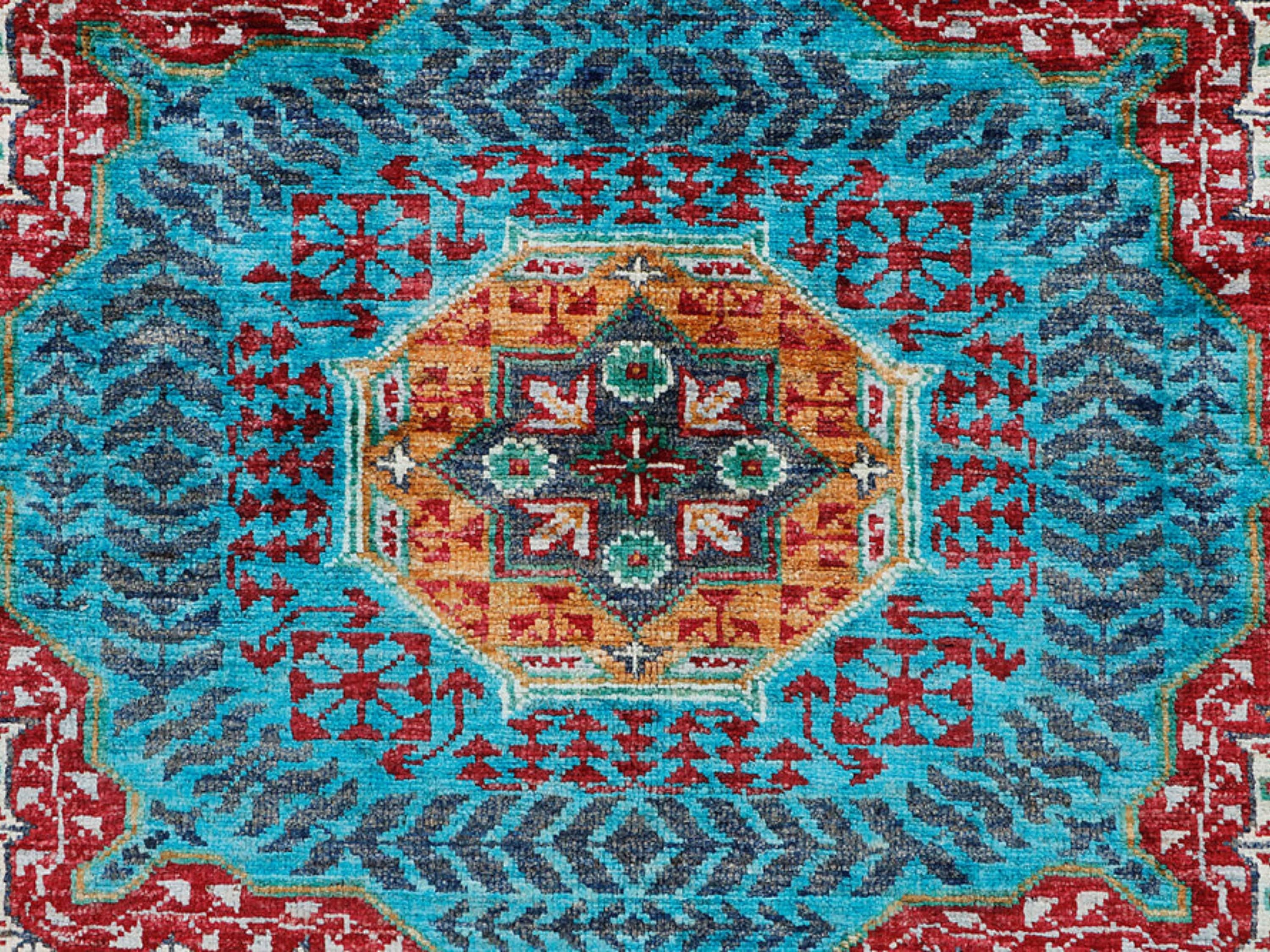 3x10 Mamluk Style Runner Rug, Hand Knotted Wool Medallion Long Hallway Runner, Aqua Oriental Kitchen Entryway Carpet
