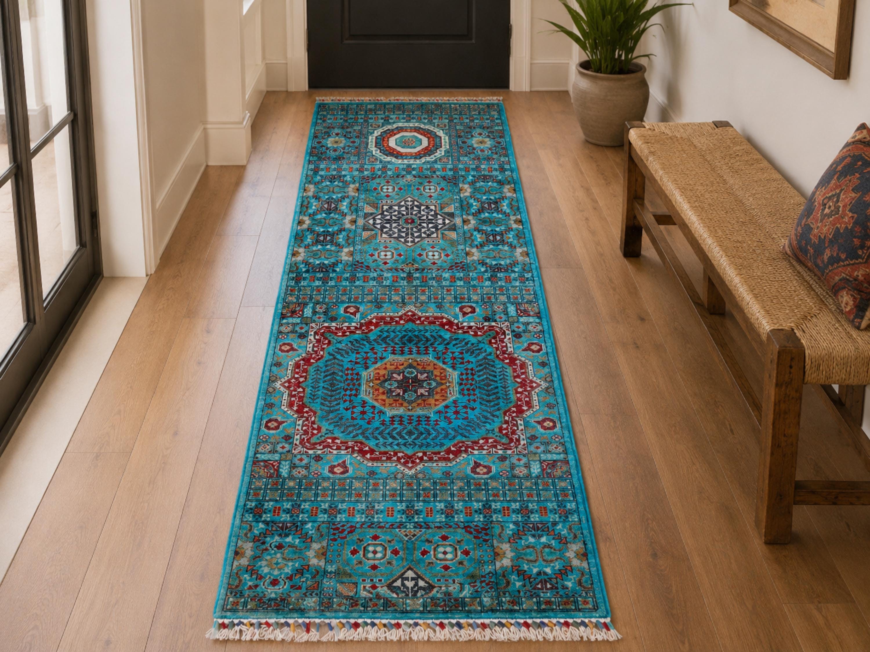 3x10 Mamluk Style Runner Rug, Hand Knotted Wool Medallion Long Hallway Runner, Aqua Oriental Kitchen Entryway Carpet