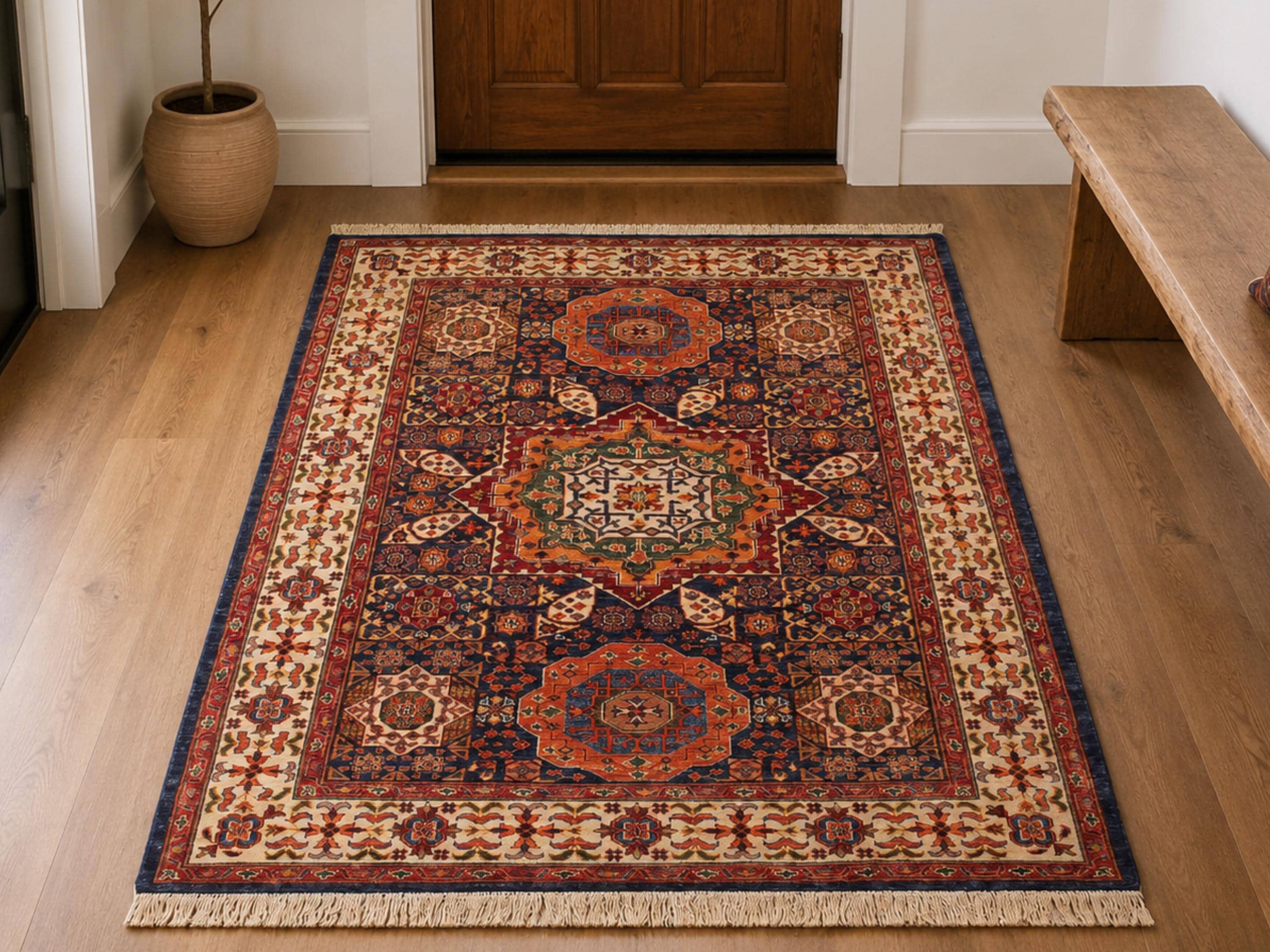 5x7 Mamluk Persian Style Rug, Blue Hand Knotted Wool Area Rug, Geometric Medallion Oriental Carpet