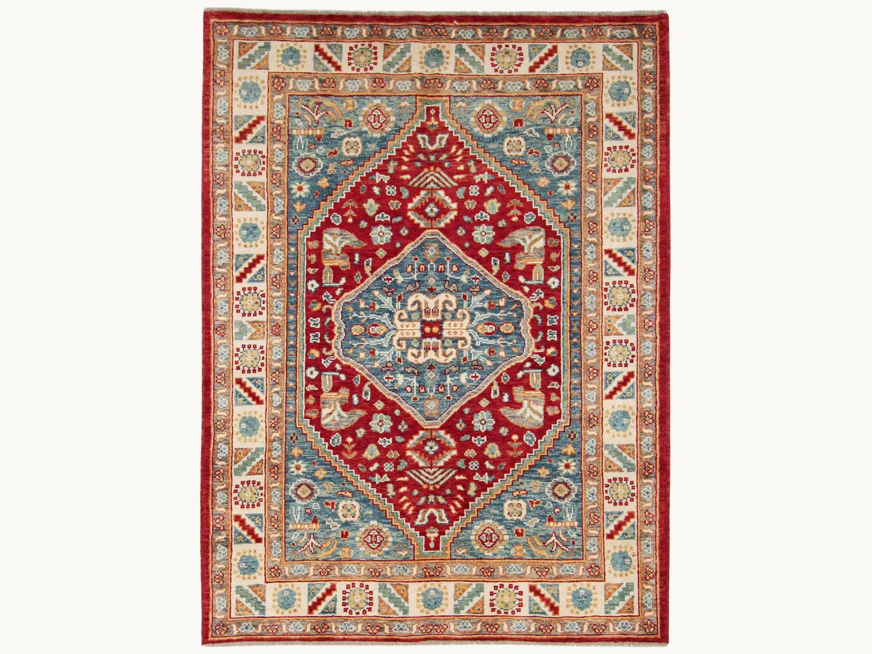 5.6x8 Turkish Qashqai Rug, Blue Red Hand Knotted Wool Area Rug, Tribal Geometric Carpet, Living Room Bedroom Decor