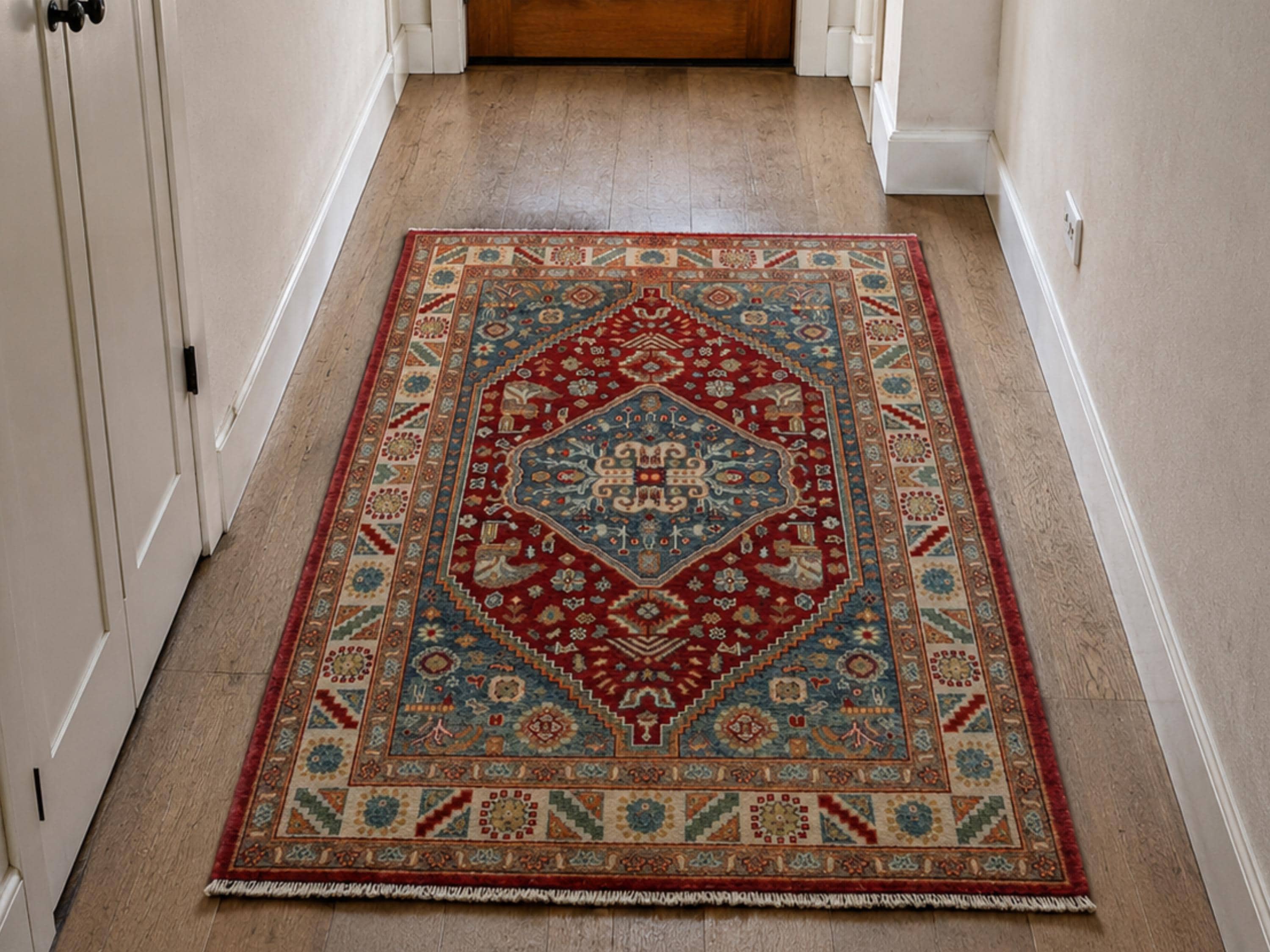 5.6x8 Turkish Qashqai Rug, Blue Red Hand Knotted Wool Area Rug, Tribal Geometric Carpet, Living Room Bedroom Decor