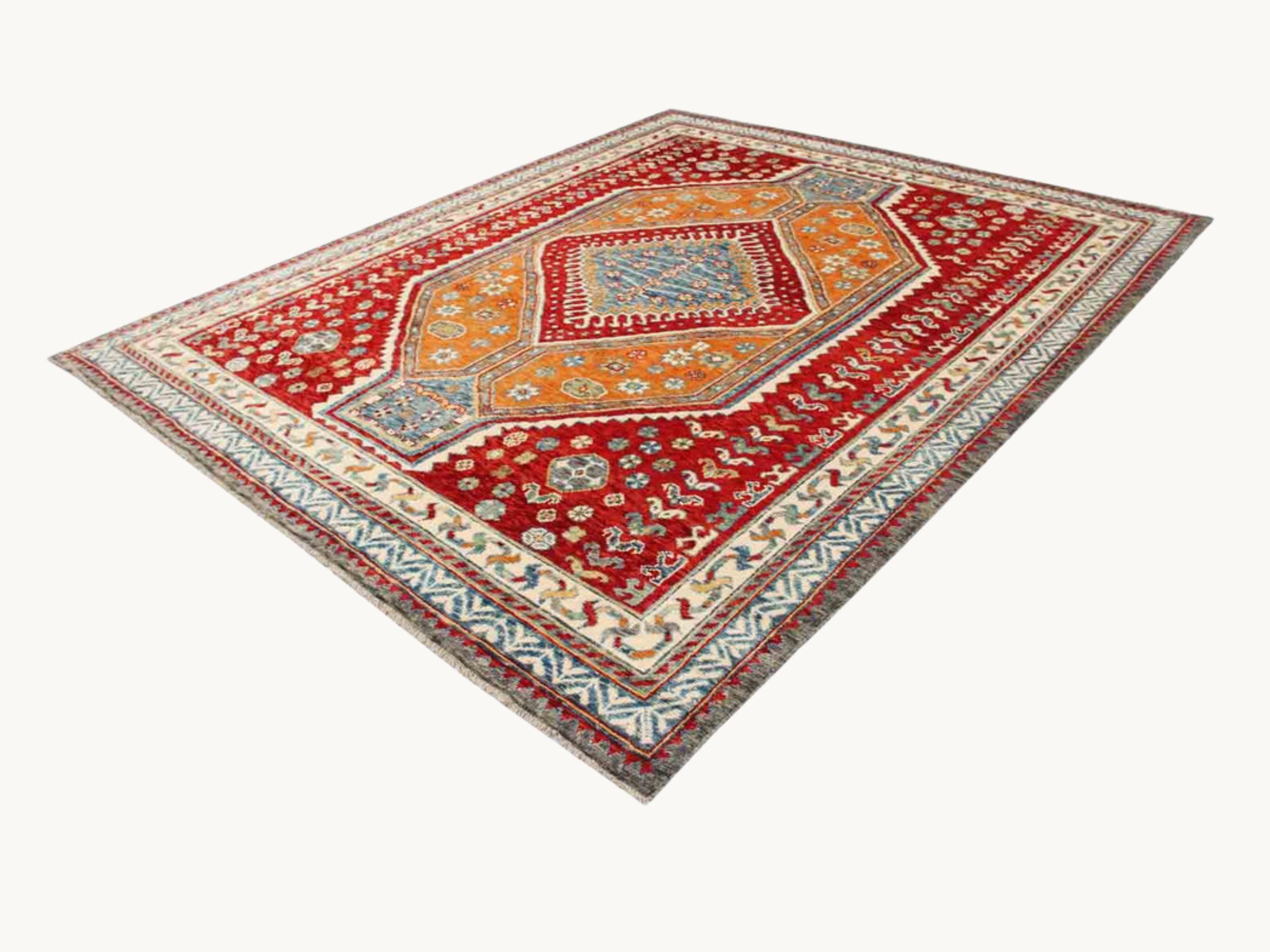 8x10 Turkish Qashqai Rug, Red Hand Knotted Wool Area Rug, Tribal Geometric Carpet, Living Room Dining Room Decor