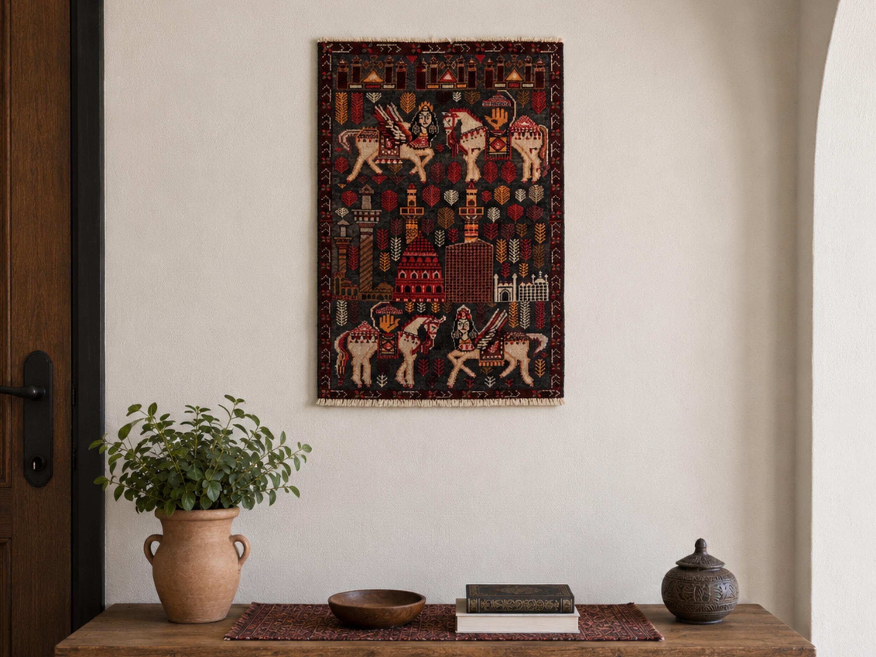 3x4 Tribal Pictorial Tapestry Wall Hanging Rug, Afghan Style Handmade Wool Textile Wall Art, Boho Folk Art Decor