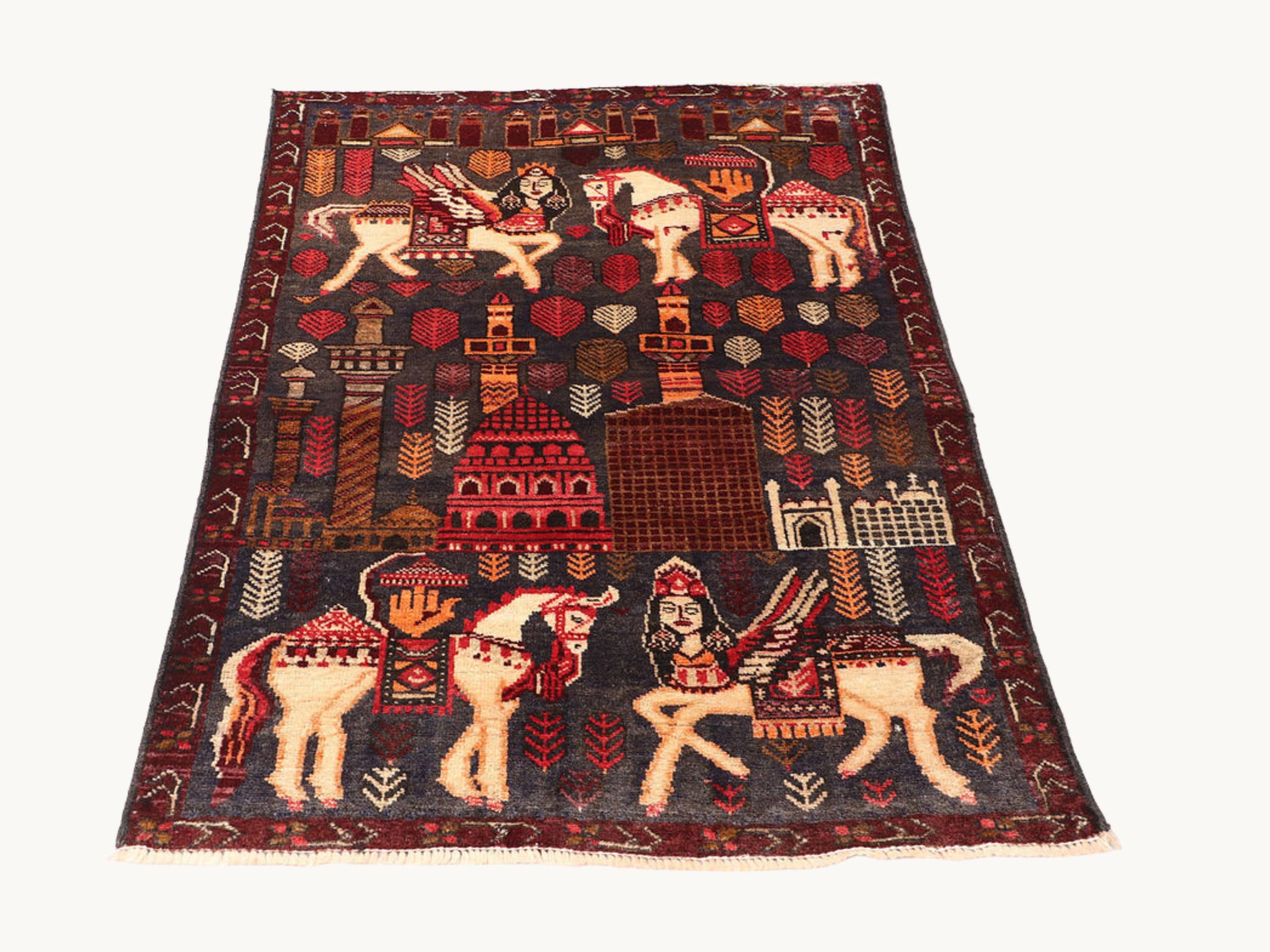 3x4 Tribal Pictorial Tapestry Wall Hanging Rug, Afghan Style Handmade Wool Textile Wall Art, Boho Folk Art Decor