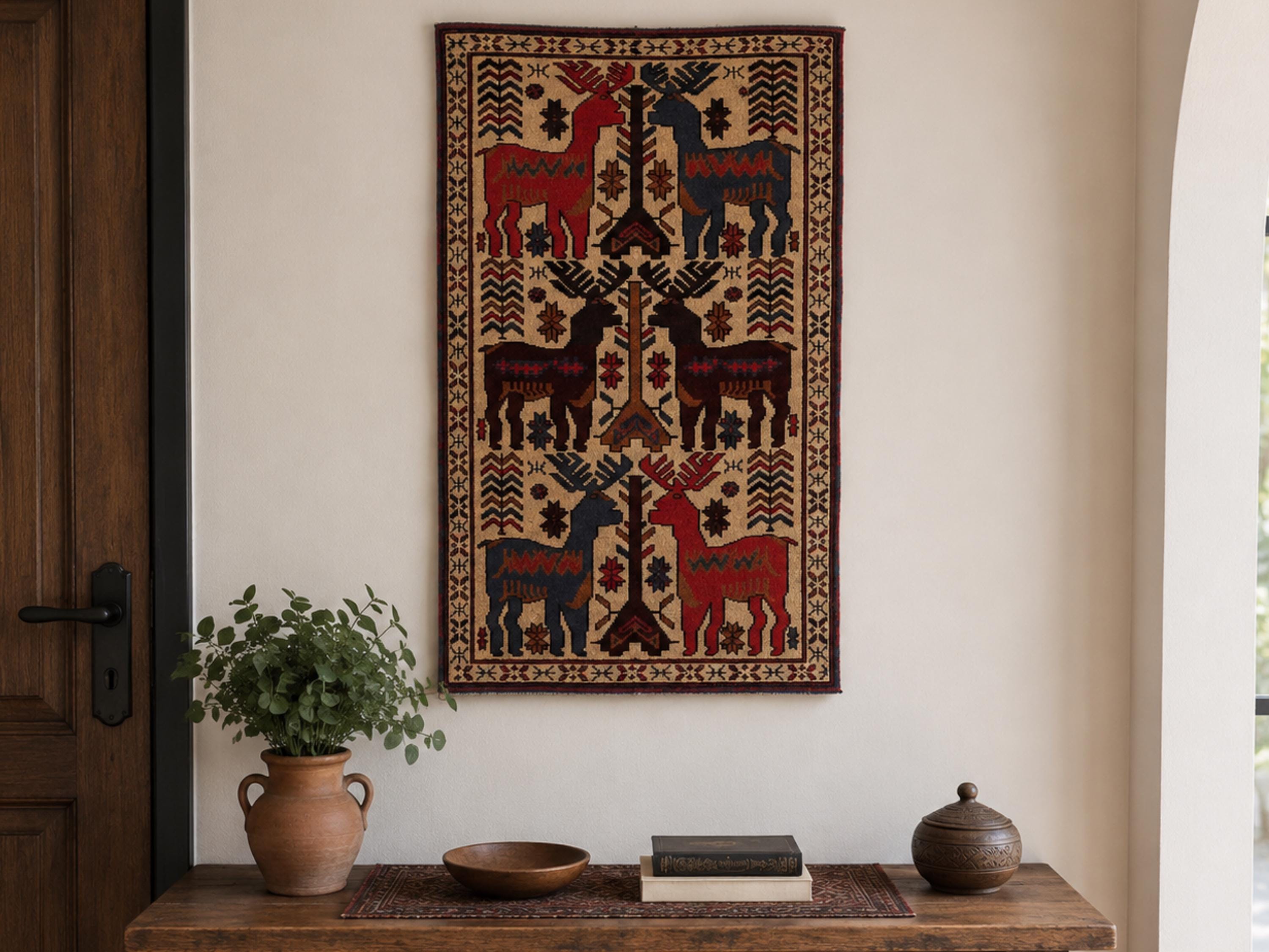 3x5 Animal Motif Tapestry Wall Hanging Rug, Afghan Style Handmade Wool Textile Wall Art, Tribal Folk Art Decor