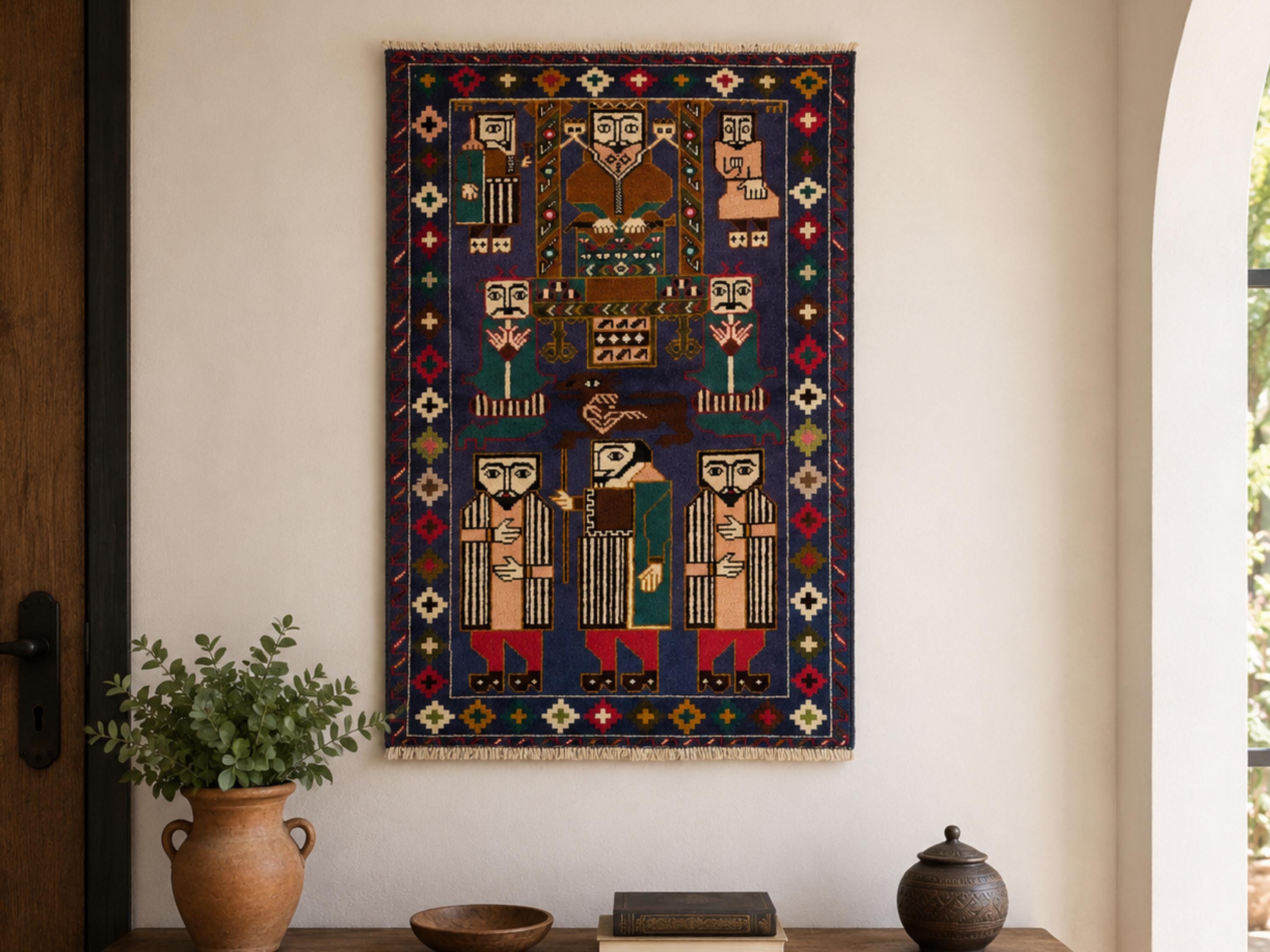 3x5 Folk Figure Woven Wall Hanging, Hand Knotted Wool Afghan Tapestry, Purple Tribal Pictorial Wall Art