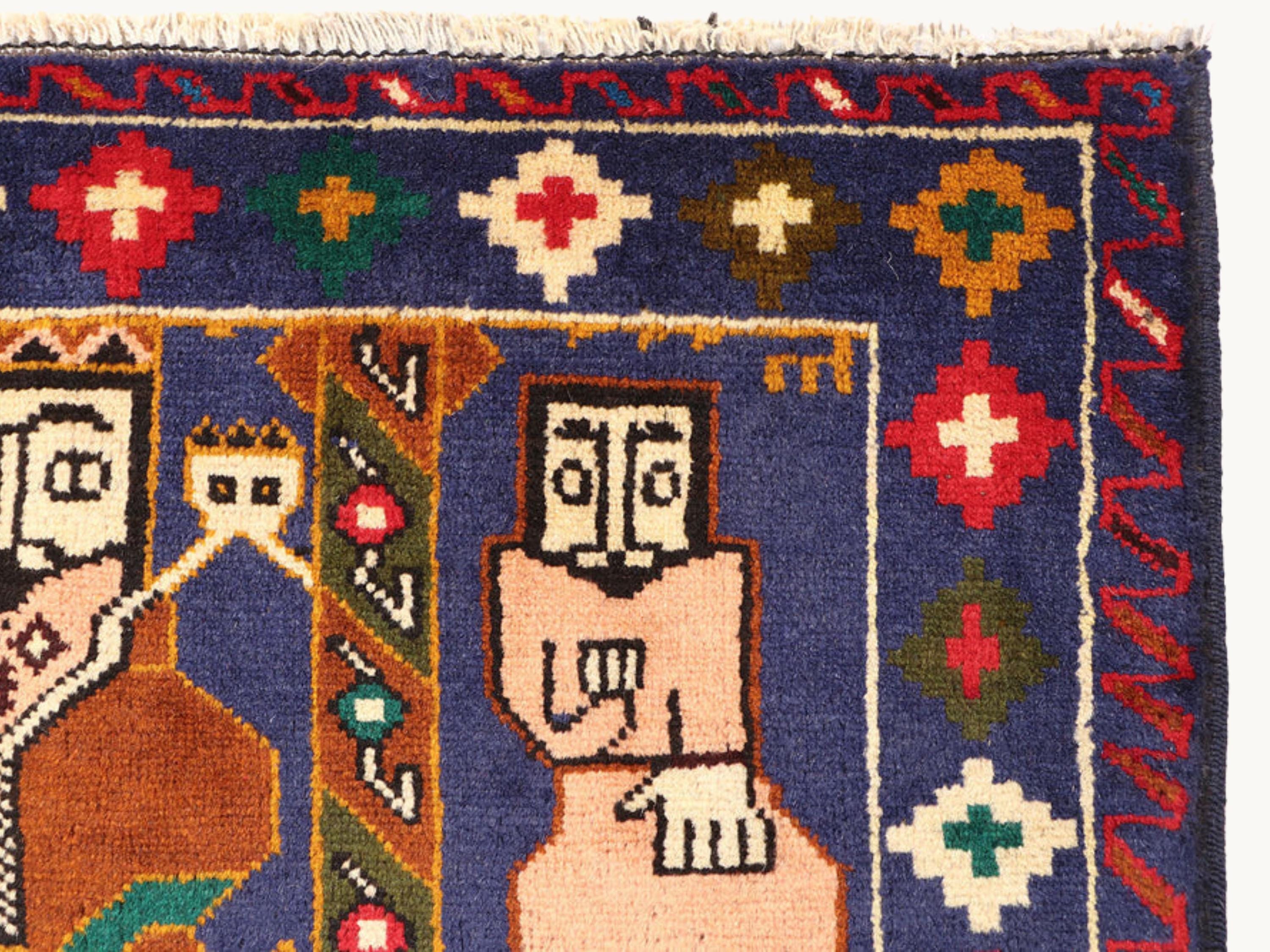 3x5 Folk Figure Woven Wall Hanging Rug, Hand Knotted Wool Tapestry, Afghan Style Textile Wall Art, Purple Tribal Decor
