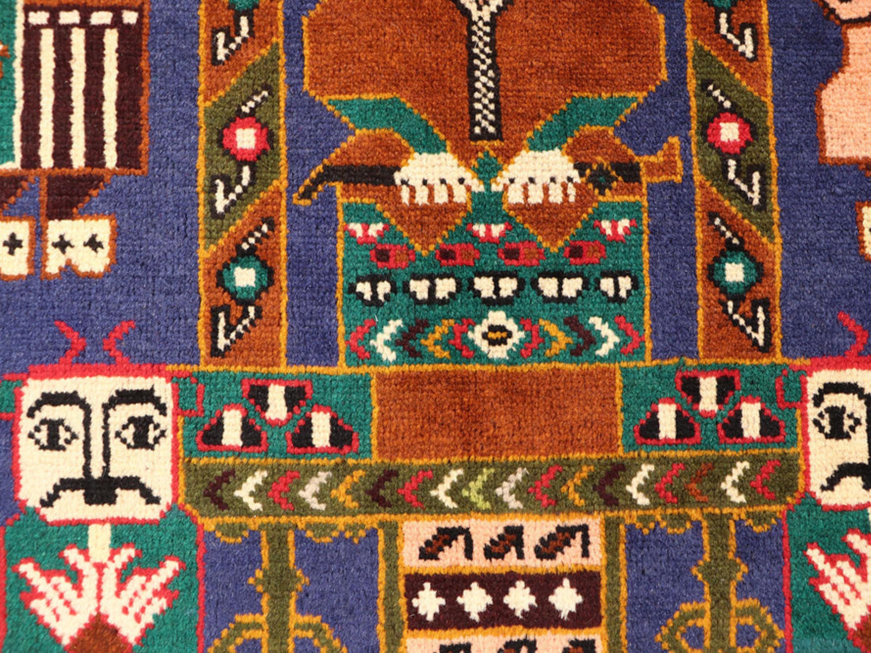 3x5 Folk Figure Woven Wall Hanging Rug, Hand Knotted Wool Tapestry, Afghan Style Textile Wall Art, Purple Tribal Decor