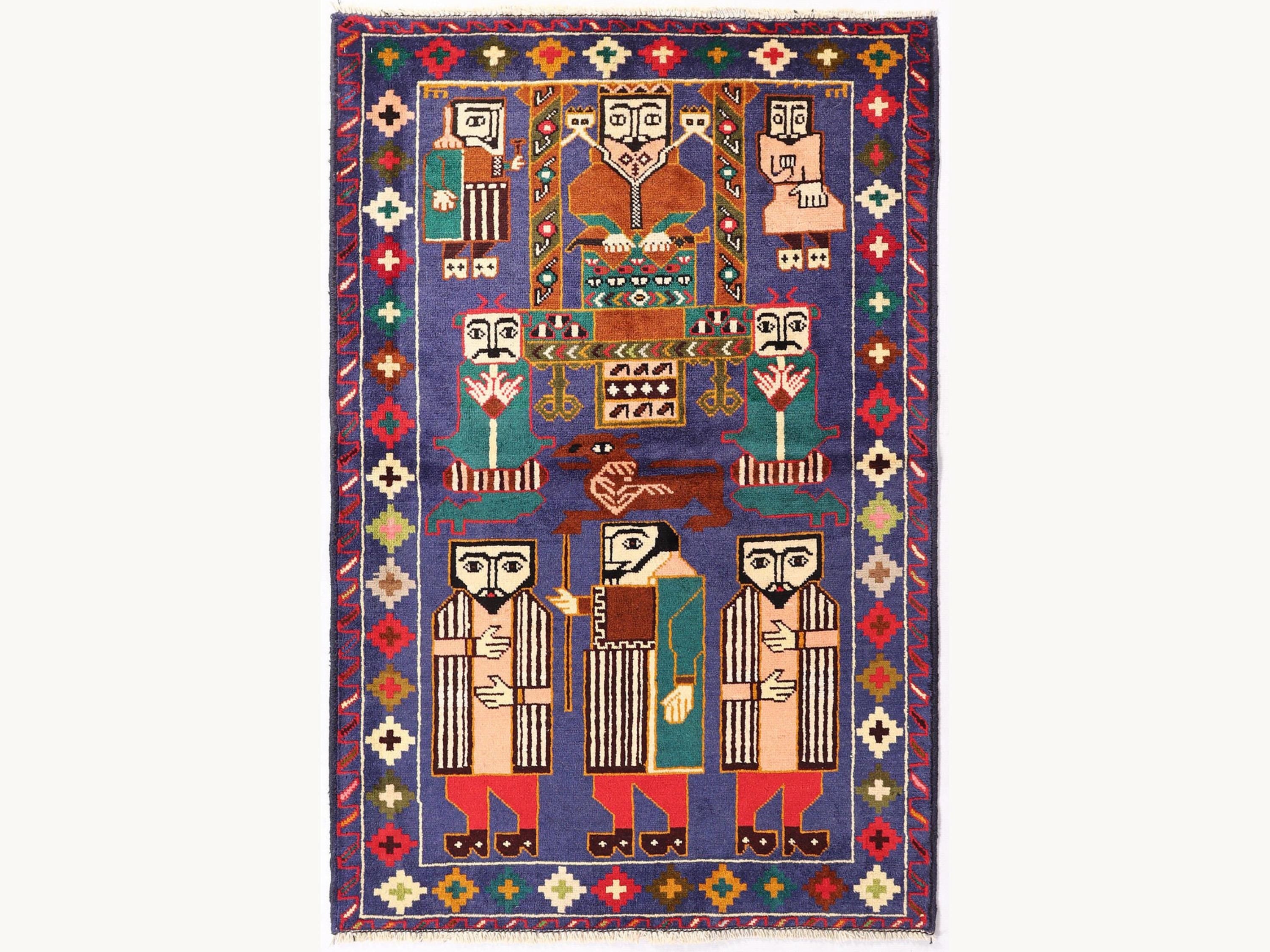 3x5 Folk Figure Woven Wall Hanging, Hand Knotted Wool Afghan Tapestry, Purple Tribal Pictorial Wall Art