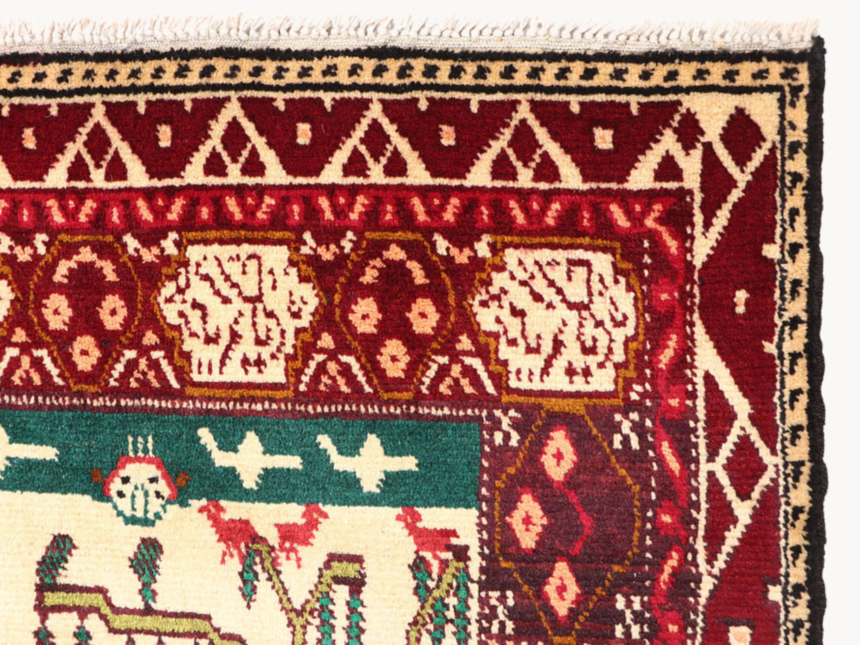 3x5 Ivory Pictorial Woven Wall Hanging Rug, Hand Knotted Wool Tapestry, Afghan Style Textile Wall Art, Animal Motif