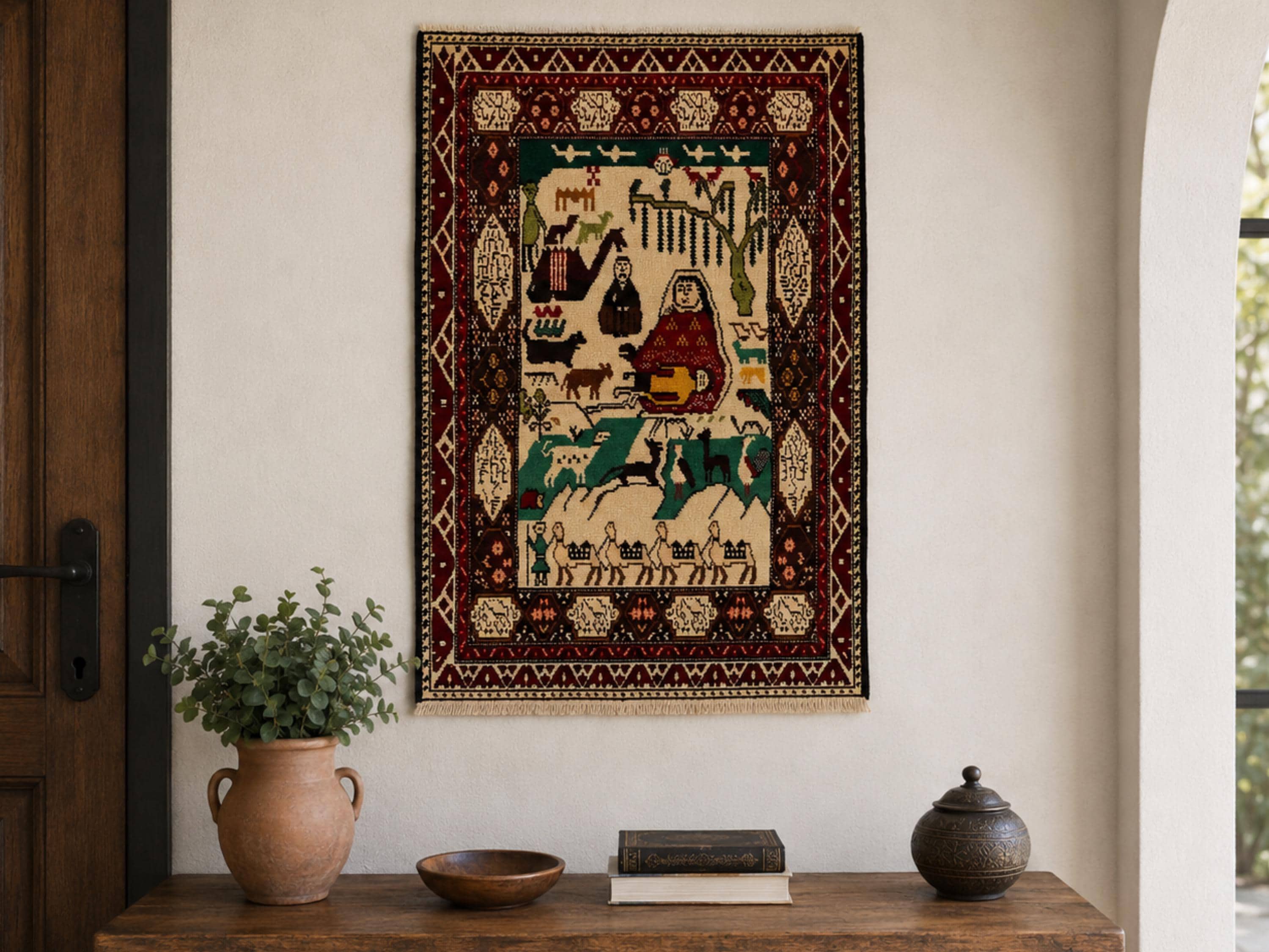 3x5 Ivory Pictorial Woven Wall Hanging Rug, Hand Knotted Wool Tapestry, Afghan Style Textile Wall Art, Animal Motif