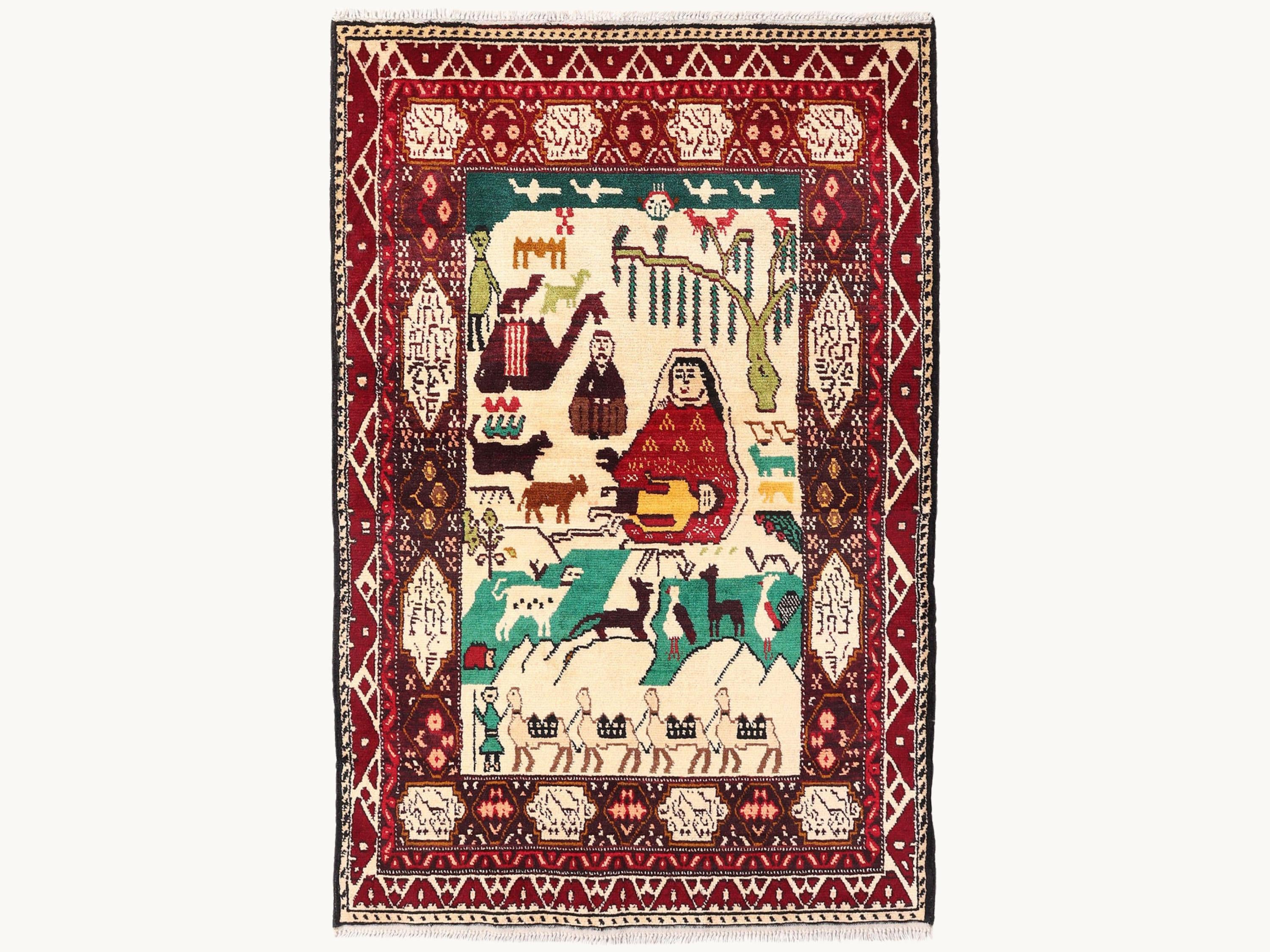3x5 Ivory Pictorial Woven Wall Hanging Rug, Hand Knotted Wool Tapestry, Afghan Style Textile Wall Art, Animal Motif
