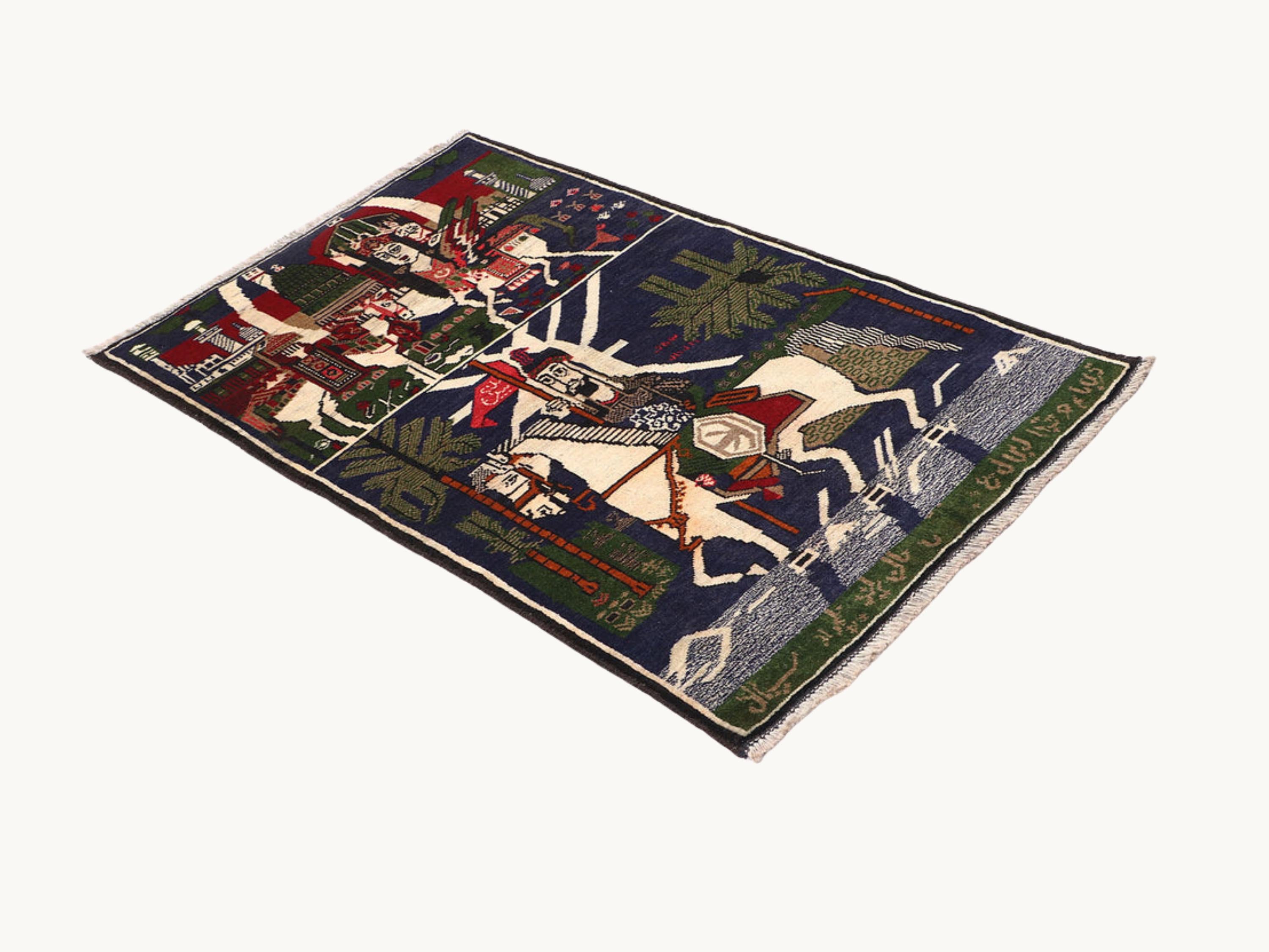3x5 Horseman Woven Wall Hanging, Hand Knotted Wool Tapestry Rug, Afghan Style Textile Wall Art, Equestrian Folk Decor