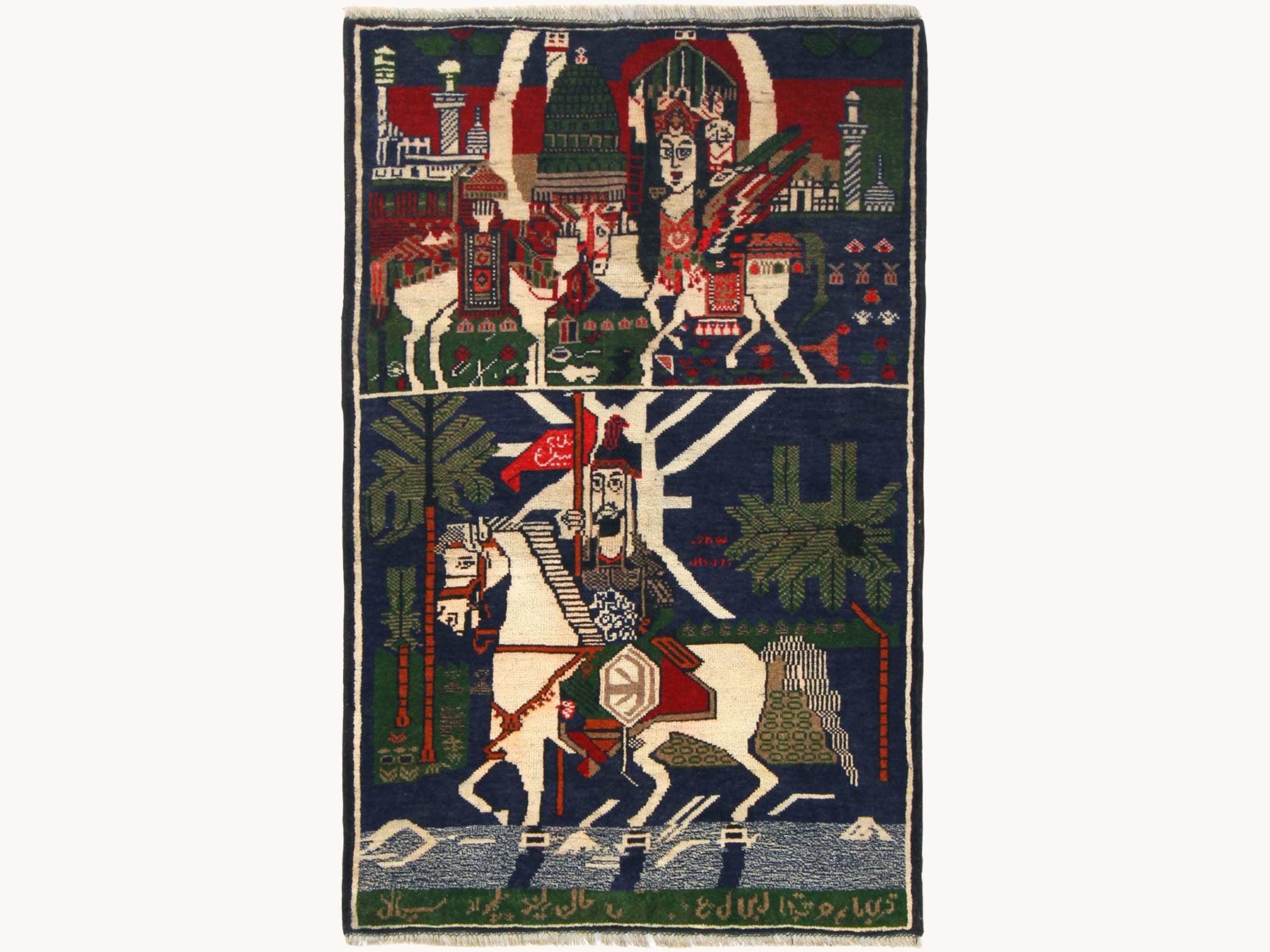 3x5 Horseman Woven Wall Hanging, Hand Knotted Wool Tapestry Rug, Afghan Style Textile Wall Art, Equestrian Folk Decor