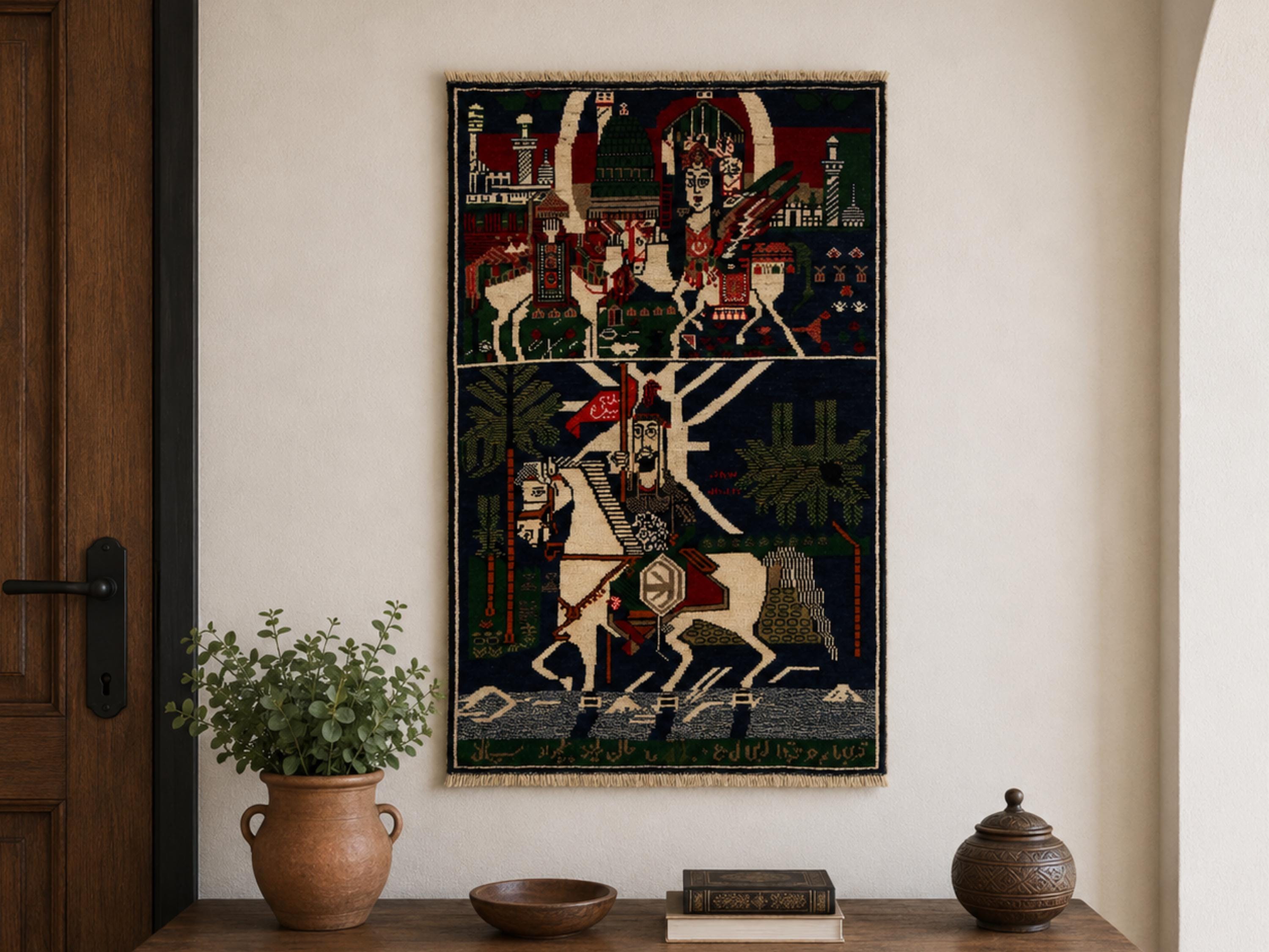 3x5 Horseman Woven Wall Hanging, Hand Knotted Wool Tapestry Rug, Afghan Style Textile Wall Art, Equestrian Folk Decor