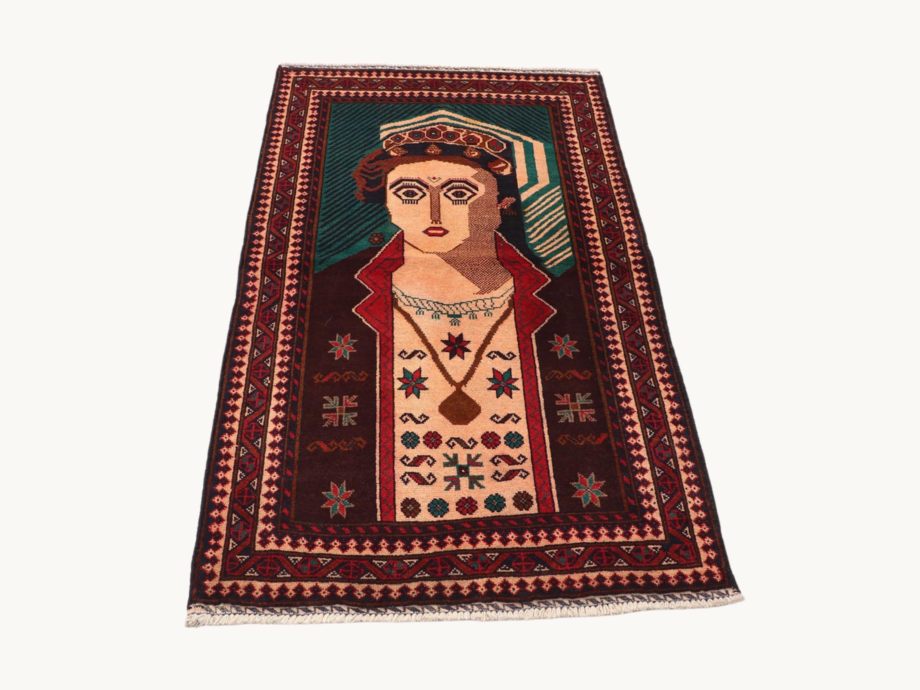 3x5 Portrait Pictorial Tapestry Wall Hanging Rug, Afghan Style Handmade Wool Textile Wall Art, Folk Art Decor