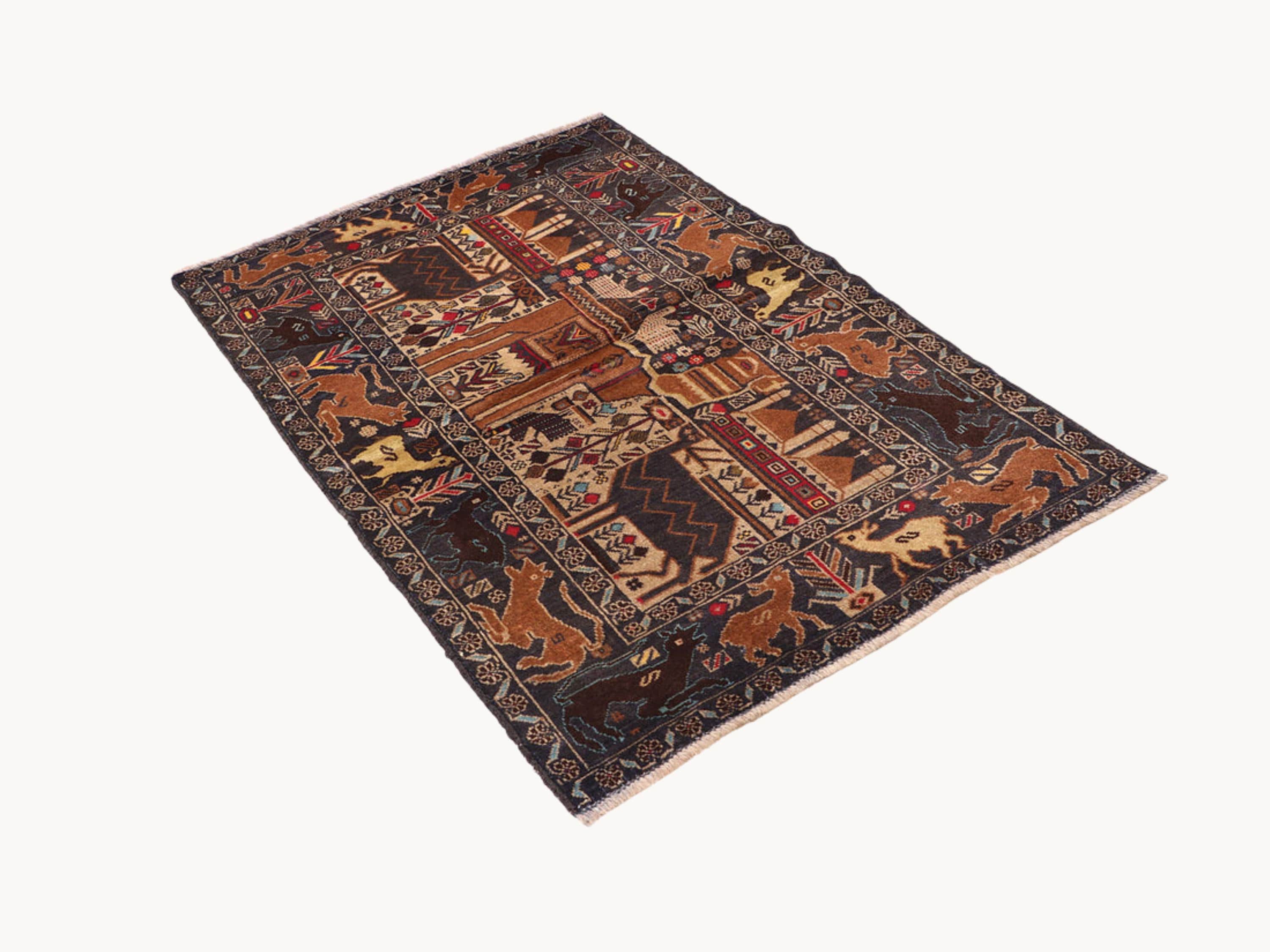 3x5 Village Scene Woven Wall Hanging Rug, Hand Knotted Wool Tapestry, Afghan Style Textile Wall Art, Navy Folk Decor