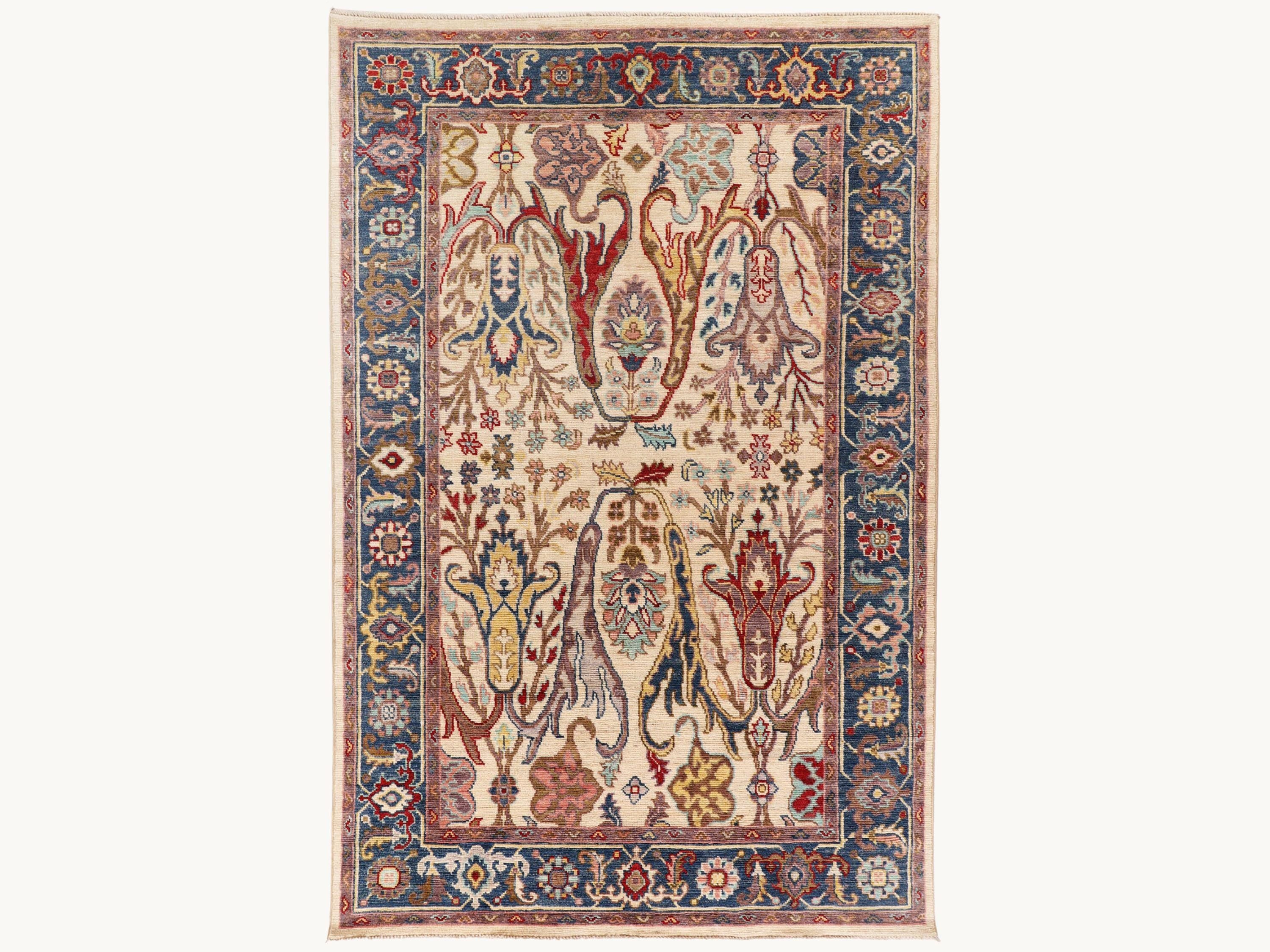 6x9 Turkish Oushak Rug, Muted Ivory Hand Knotted Wool Rug, Floral Palmette Area Rug