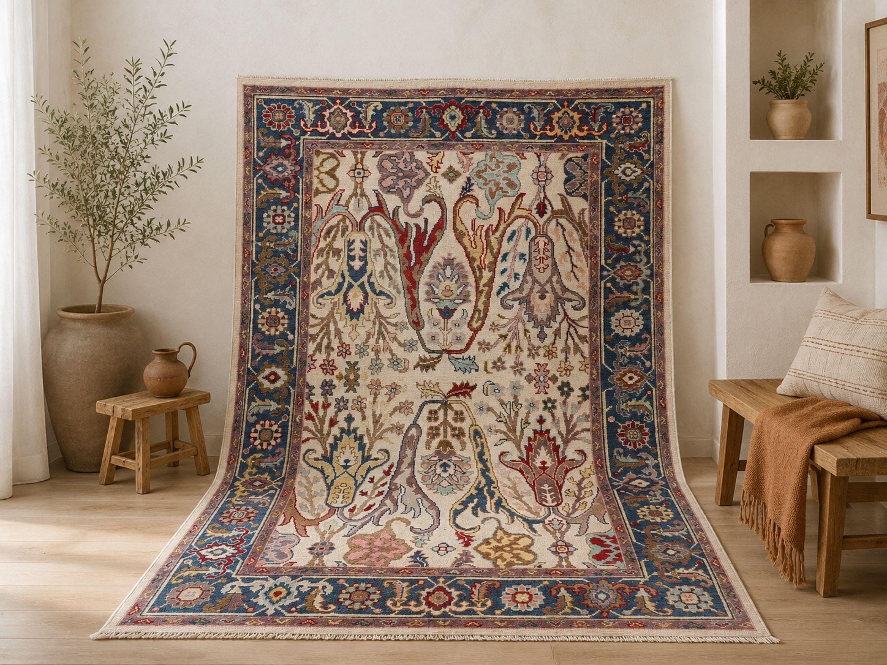 6x9 Turkish Oushak Rug, Muted Ivory Hand Knotted Wool Rug, Floral Palmette Area Rug