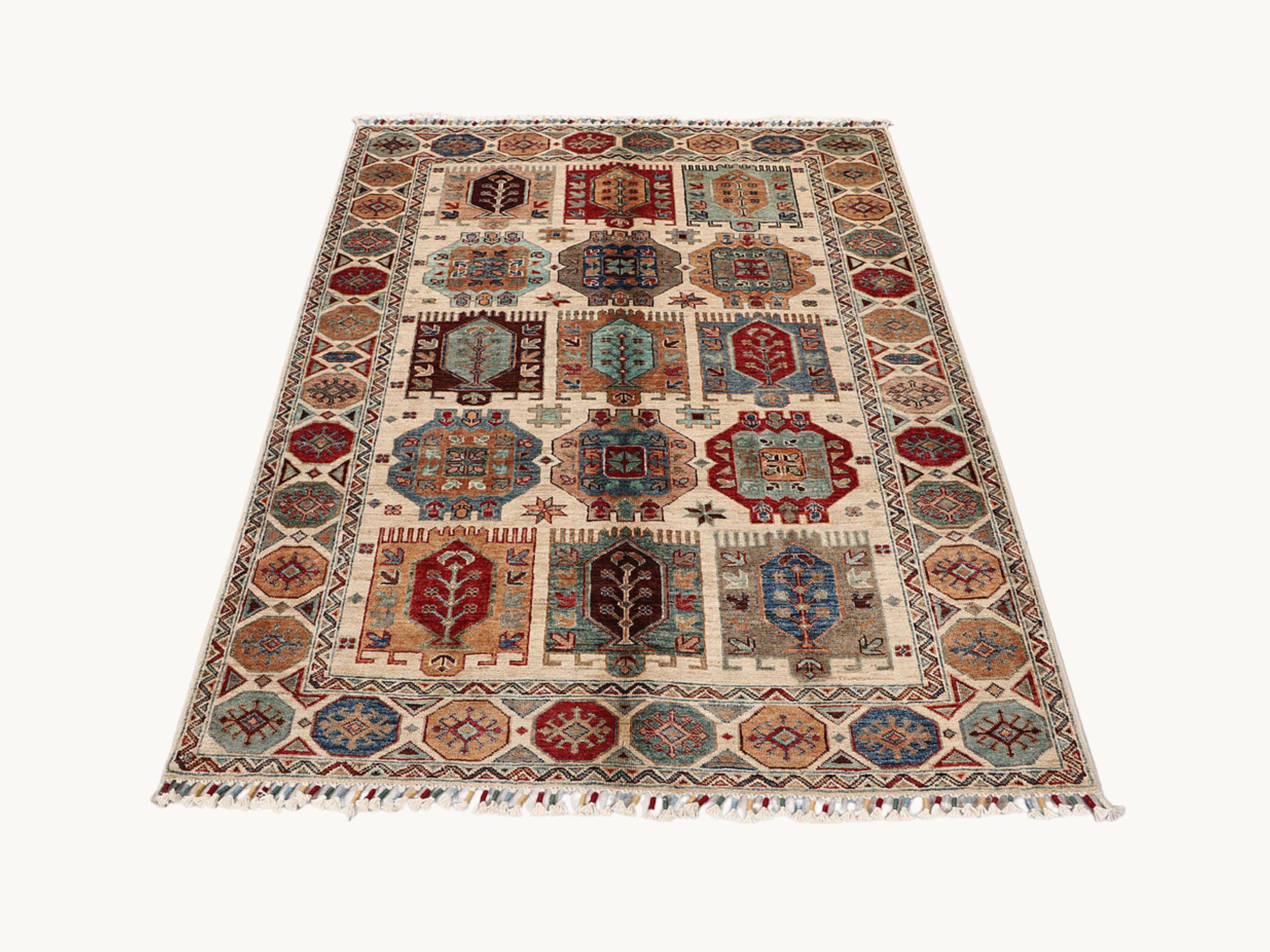 4x6 Persian Style Rug, Ivory Hand Knotted Wool Area Rug, Tribal Geometric Panel Medallion Living Room Bedroom Decor